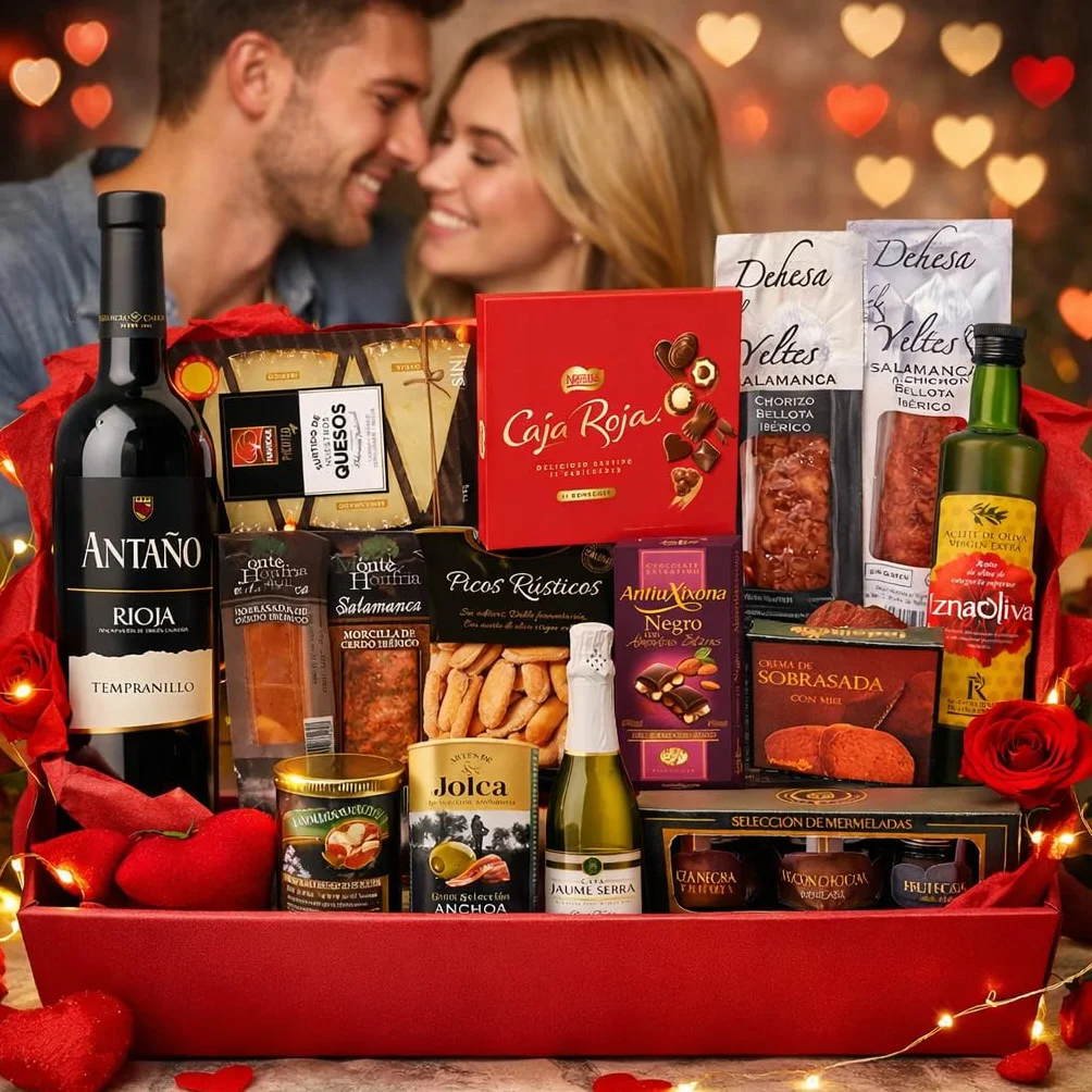 Cesta Gourmet con Ibéricos, Bombones, Chocolate, Vino, Embutidos, Aceite de Oliva Virgen - Regalo Original para Empresa y Particulares