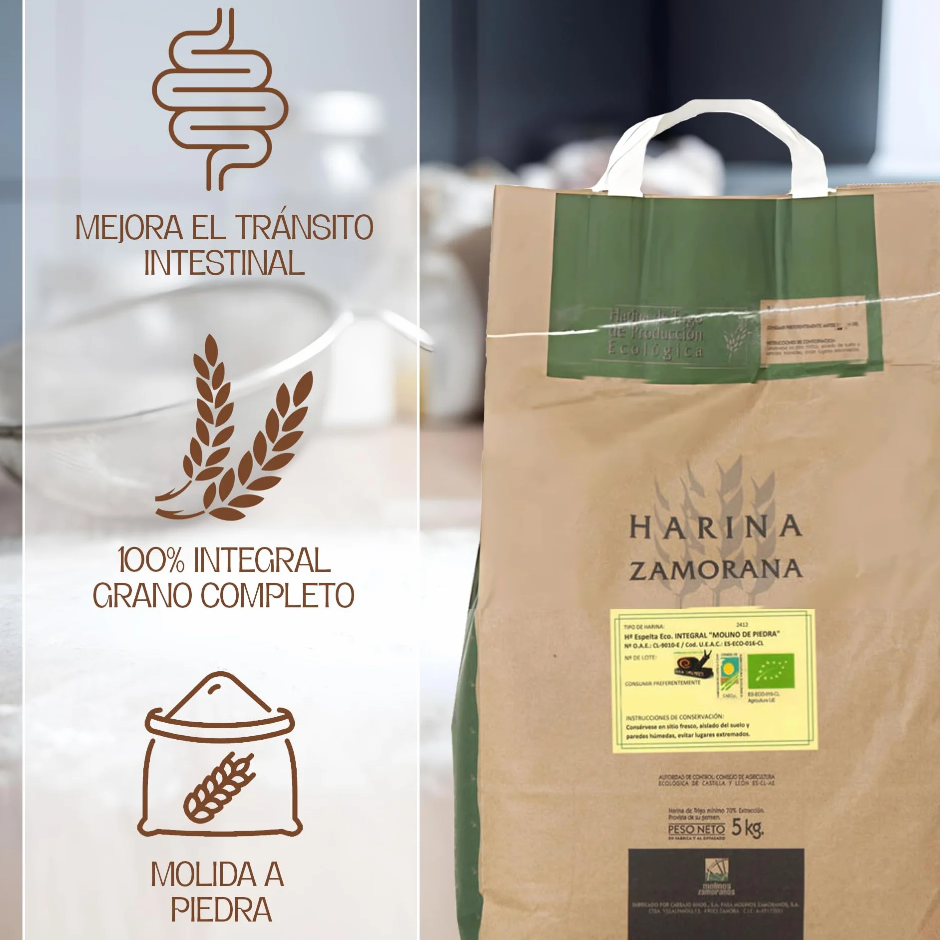 Harina De Espelta Integral Ecológica | 5 Kg | De Molino De Piedra | Para Pan Y Repostería | Harina Espelta 100% Natural | Favorece El Tránsito Intestinal | Fibra Alta Y Sabor Tradicional