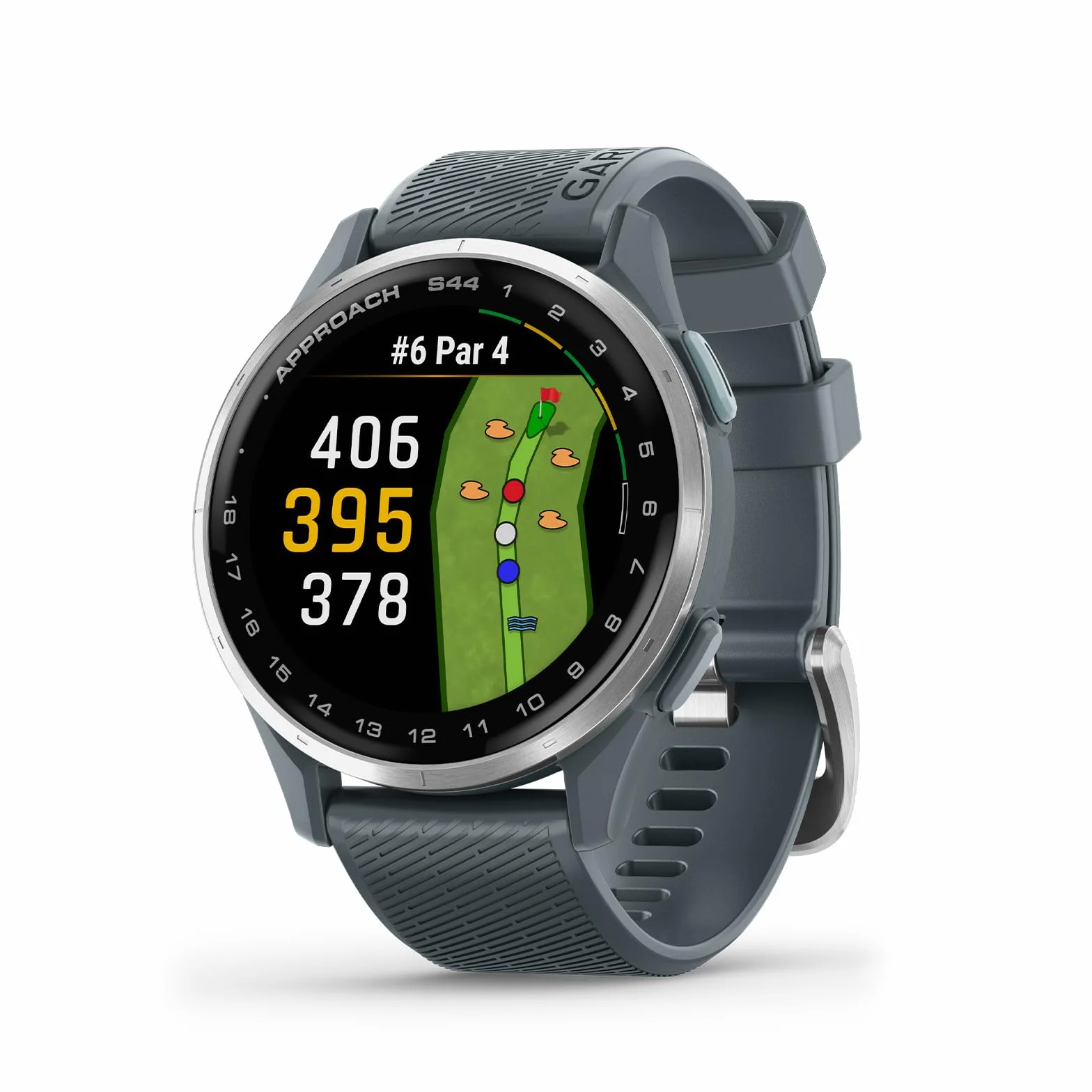 Garmin Approach S44 Essential Golf GPS Smartwatch con Pantalla AMOLED, Bisel de Aluminio Plateado