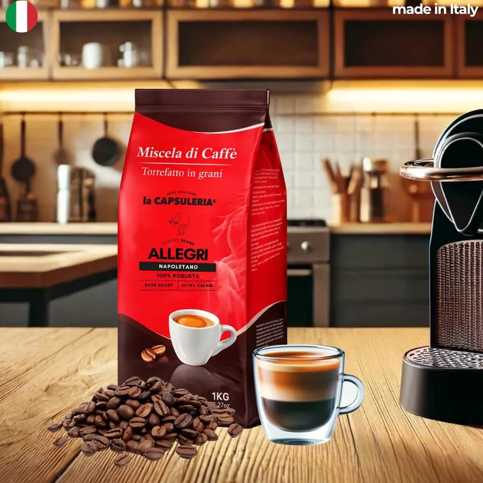 CAFÉ EN GRANO ALLEGRI NAPOLETANO (6 kg) - 100% Robusta | Pack 6 kg (6 x 1 kg) | Café en grano 100% Robusta, tostado en Italia, fuerte, intenso y con cuerpo