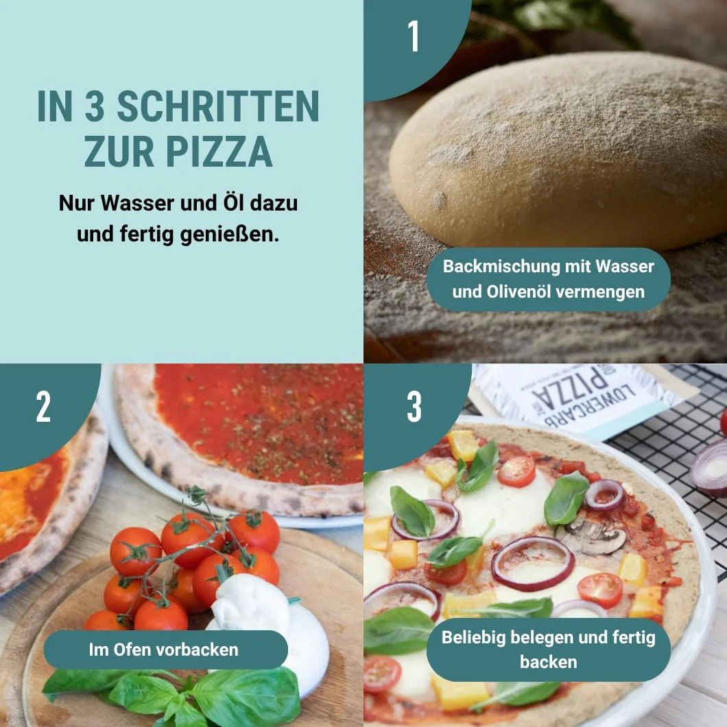 Mezcla de pizza baja en carbohidratos para 2 bases de pizza o 1 molde | 90% menos de carbohidratos | Sin gluten, 29 g de proteína vegana, con harina de almendras, cáscaras de psyllium y linaza, cetog