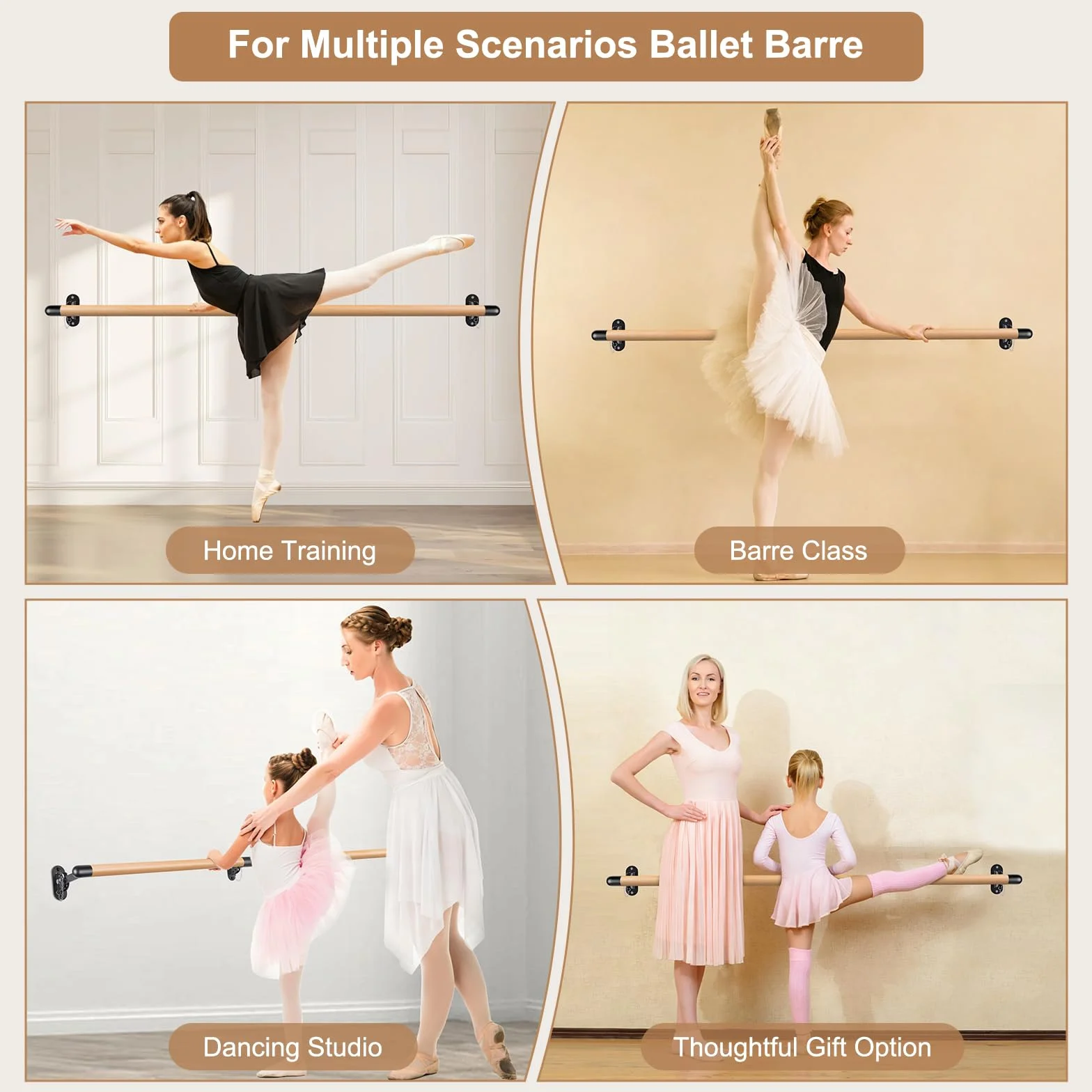 Dolibest Barra de Ballet de Madera 170 cm Ajustable Montaje en Pared 90-250 cm