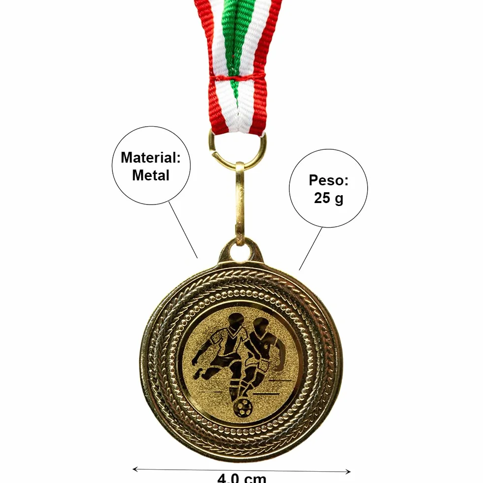 Medallas de fútbol metal dorado juego 10 con cinta verde blanco rojo emblema