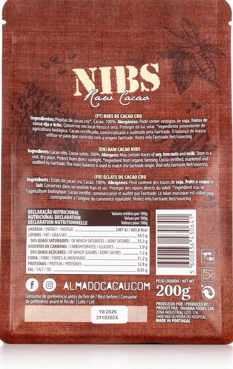 Nibs de cacao crudo 200g 100% granos de cacao puro sin azúcar vegano sin gluten