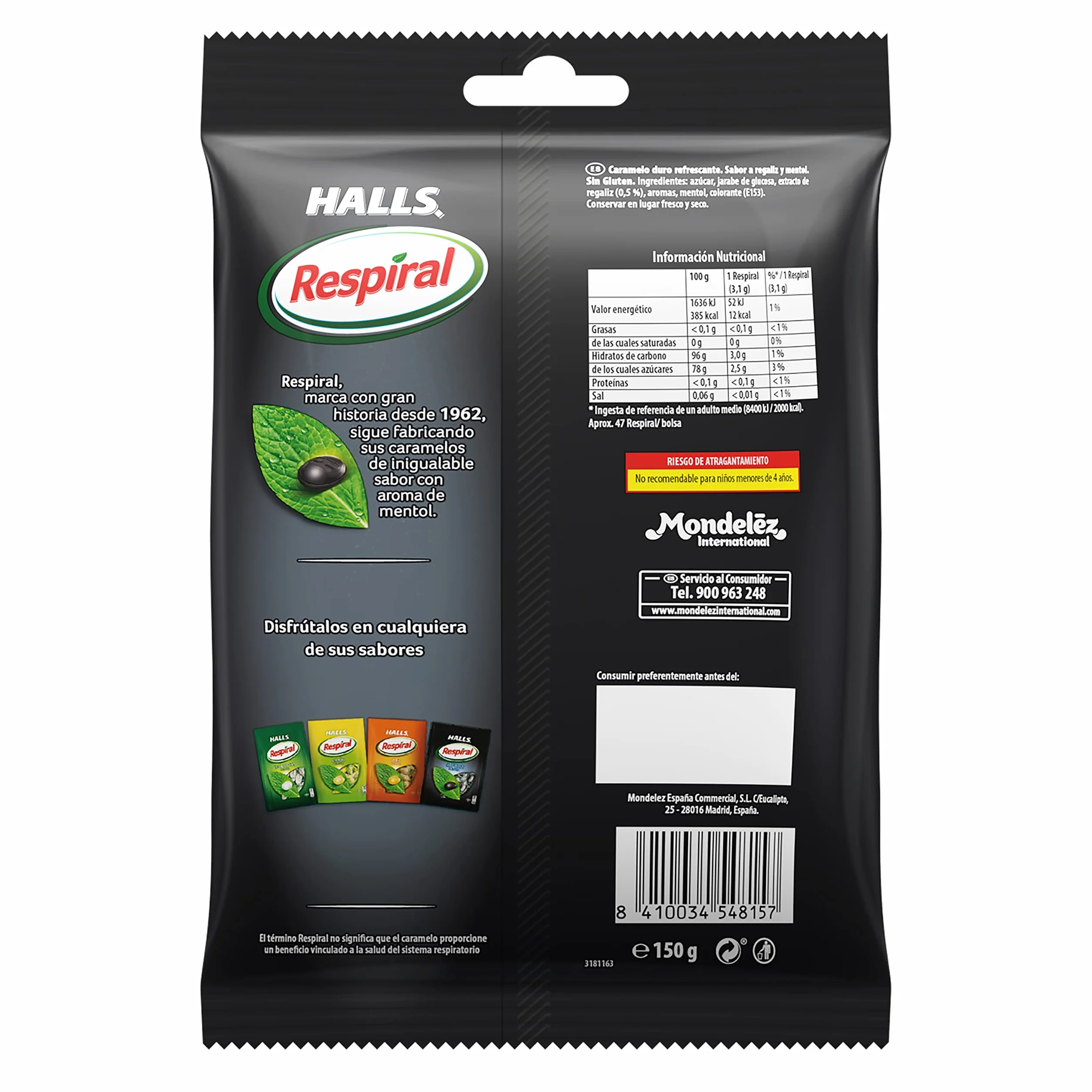 Halls Respiral Caramelos Refrescantes Sabor a Regaliz y Mentol Sin Gluten, 150 g