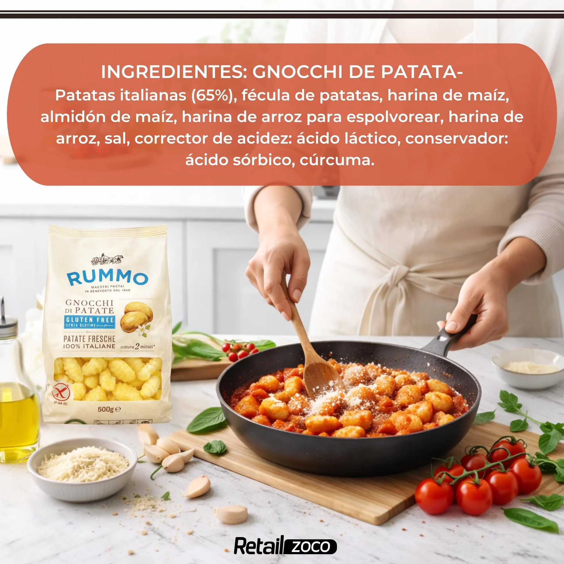 Gnocchi Rummo SIN Gluten de Patatas 65%, ñoquis sin gluten de patatas 100% Italiana, Pasta Italiana, Tiempo de cocción 2 minutos, 1 Paquete de 500 gr