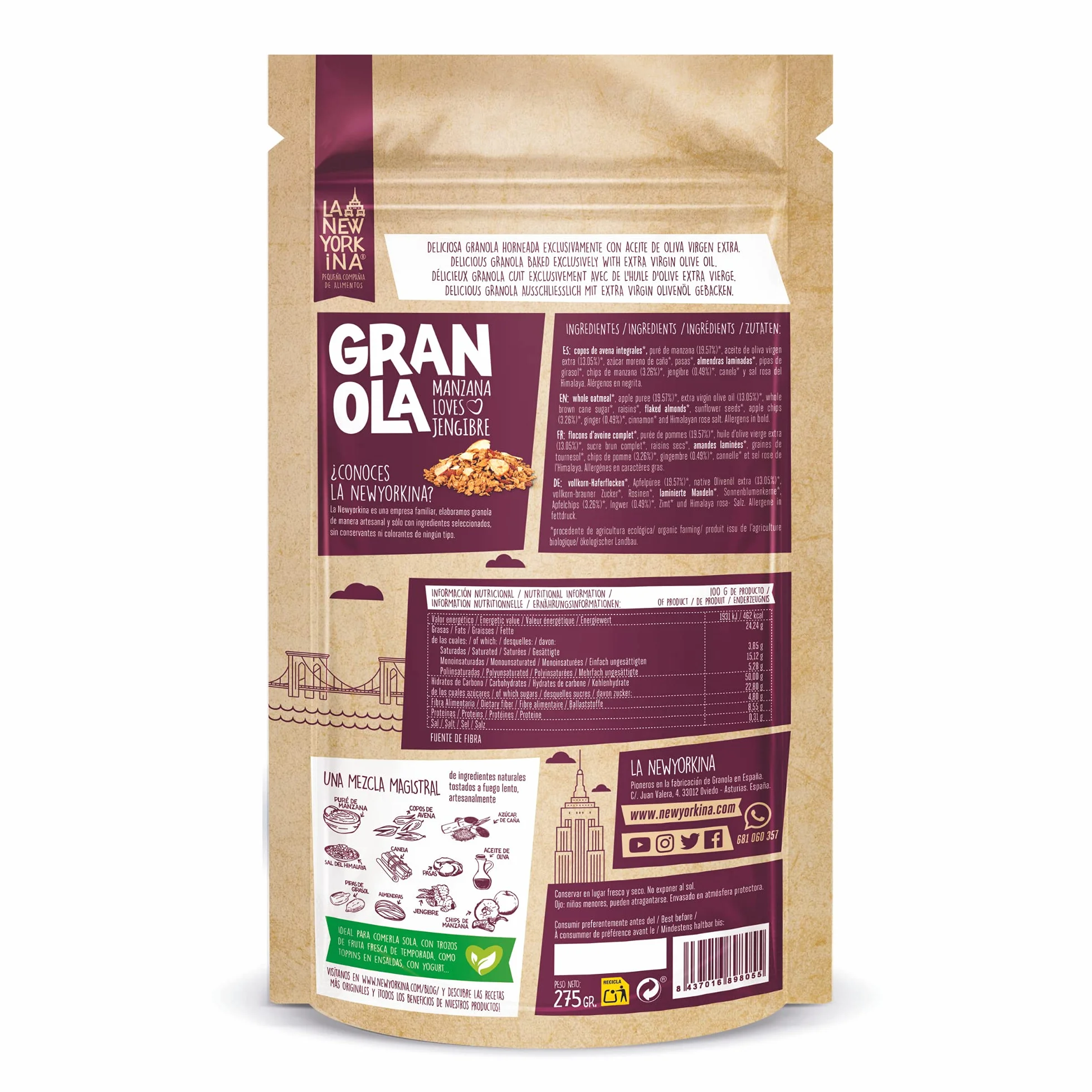 La Newyorkina Granola BIO Manzana Loves Jengibre 275g Con Chips Crujientes de Manzana y Aceite de Oliva Virgen Extra
