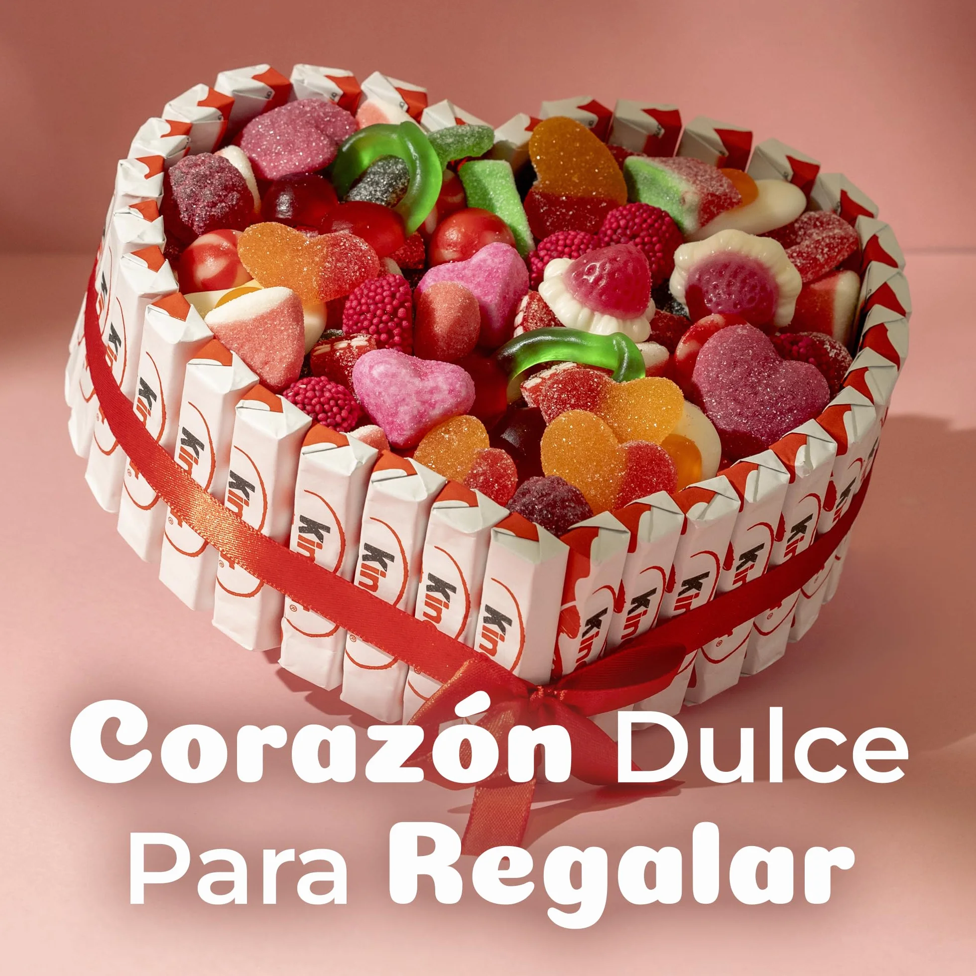 Onza Regalo dia de la madre original - Cesta de Chocolates Kinder y Chucherías para Regalar - Corazón Chocolatinas Kinder - Gran Surtido Chuches y Gominolas