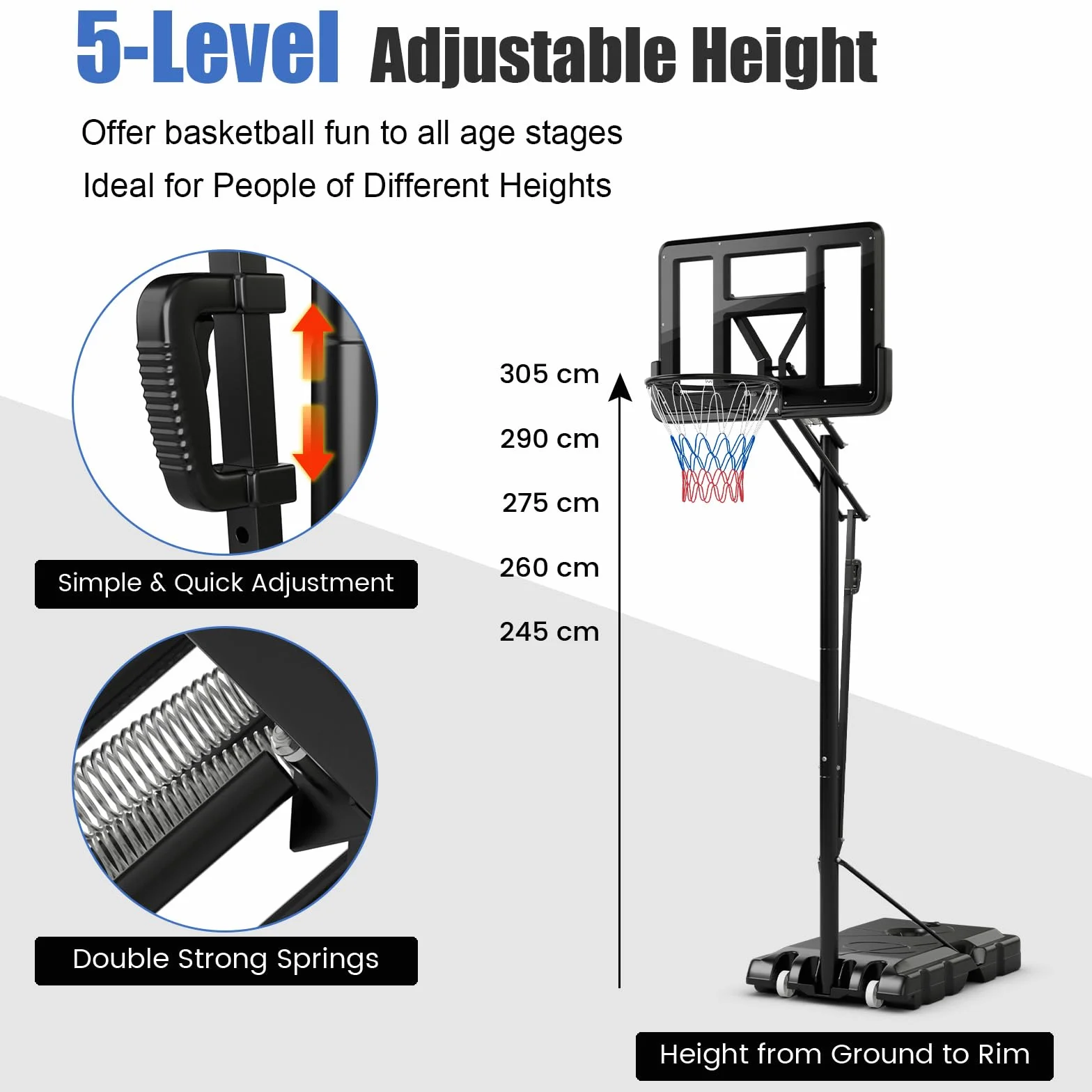 Canasta de Baloncesto Ajustable 143-305 cm con Ruedas y Base Rellenable