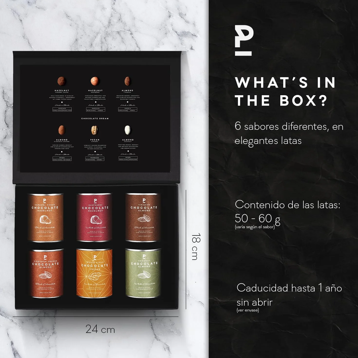 P-Stash Black Box Mix de Frutos Secos Chocolate Dream – Caja de 6 – Nueces pecanas, Avellanas & Almendras – Frutos secos con chocolate y especias únicas, tostados a mano en Berlín