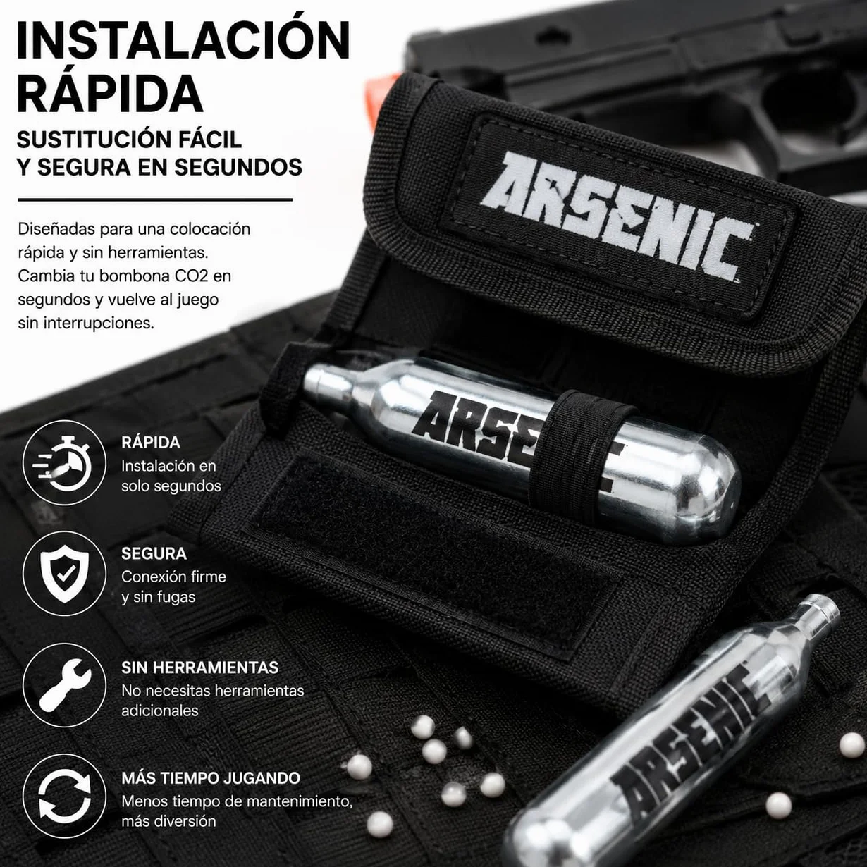 Bombonas CO2 12g Arsenic Plata para Airsoft y Pistolas de Balines, Cartuchos Gas Presurizado