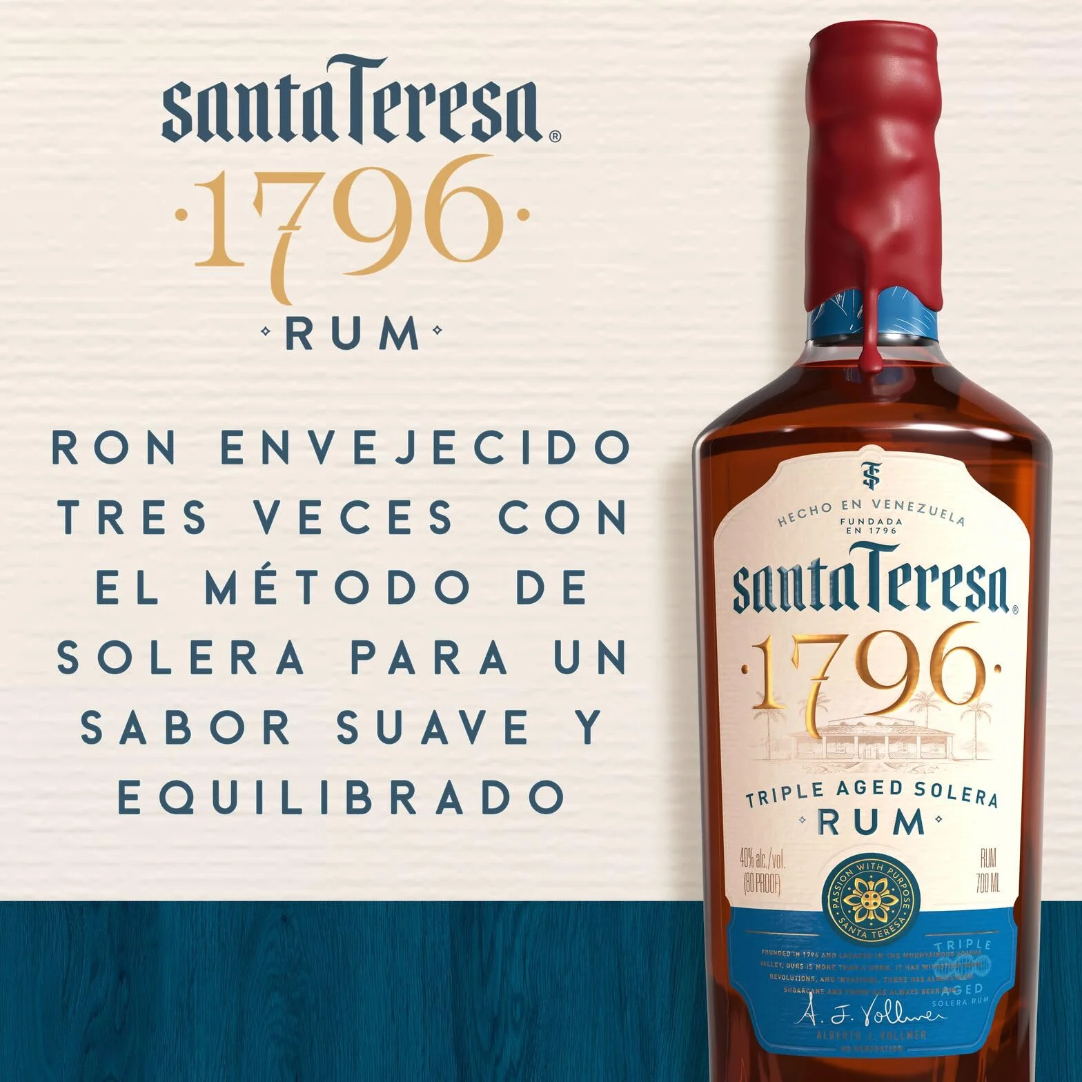 Ron de solera con triple añejamiento Santa Teresa 1796, 40 % vol., 70 cl / 700 ml, ron oscuro venezolano super premium Single State acabado en barricas de roble