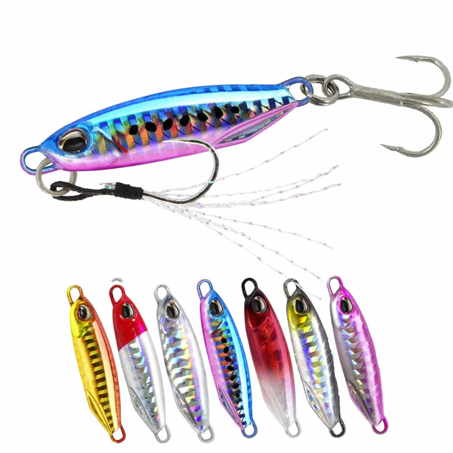 Señuelos De Pesca De Metal 7 Piezas Jigging Hundimiento Lento con Ganchos De Plumas Agua Salada Dulce