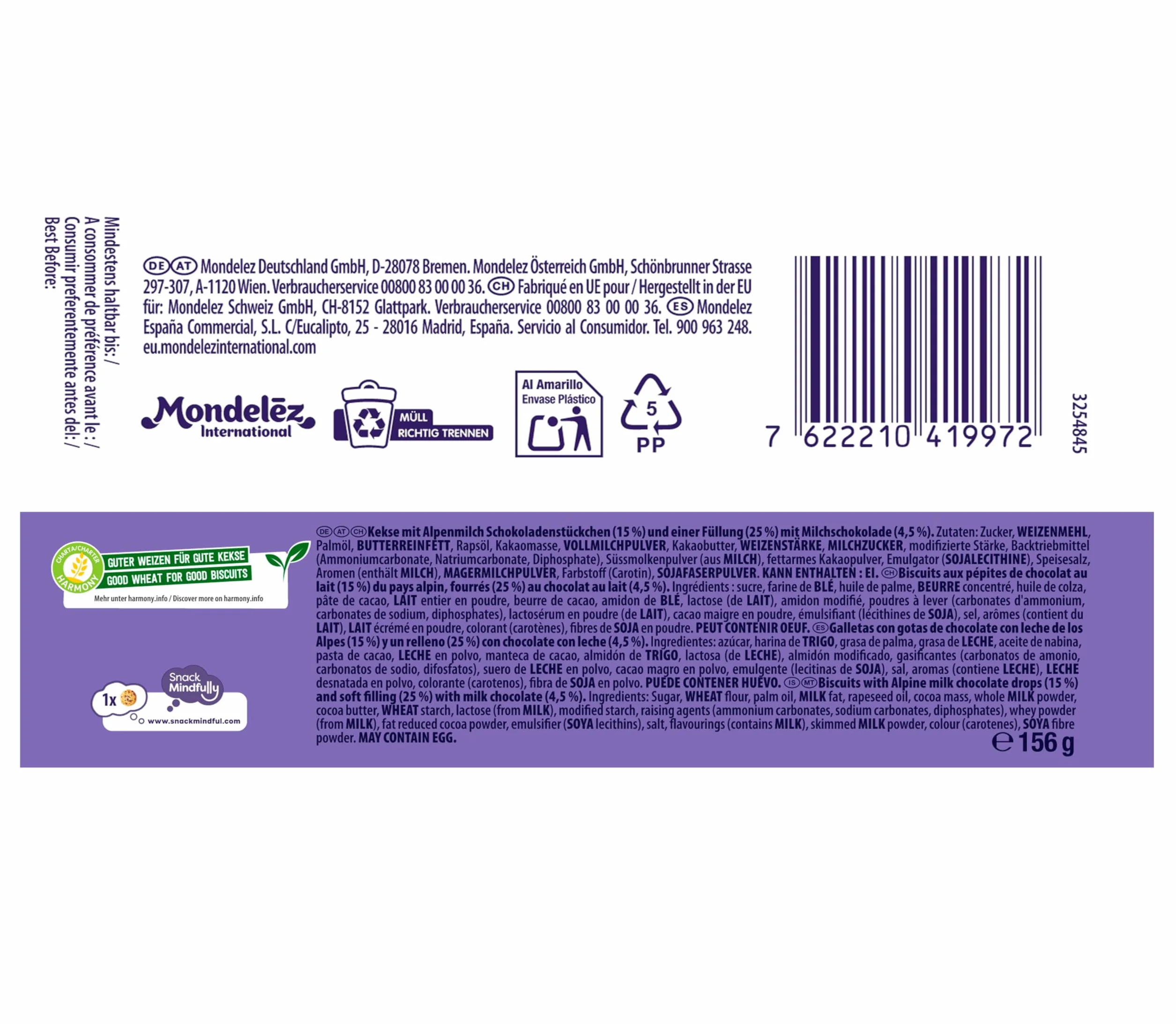 Milka Sensations Galleta Cookie con Pepitas de Chocolate con Leche, Relleno de Chocolate con Leche de los Alpes 156 g