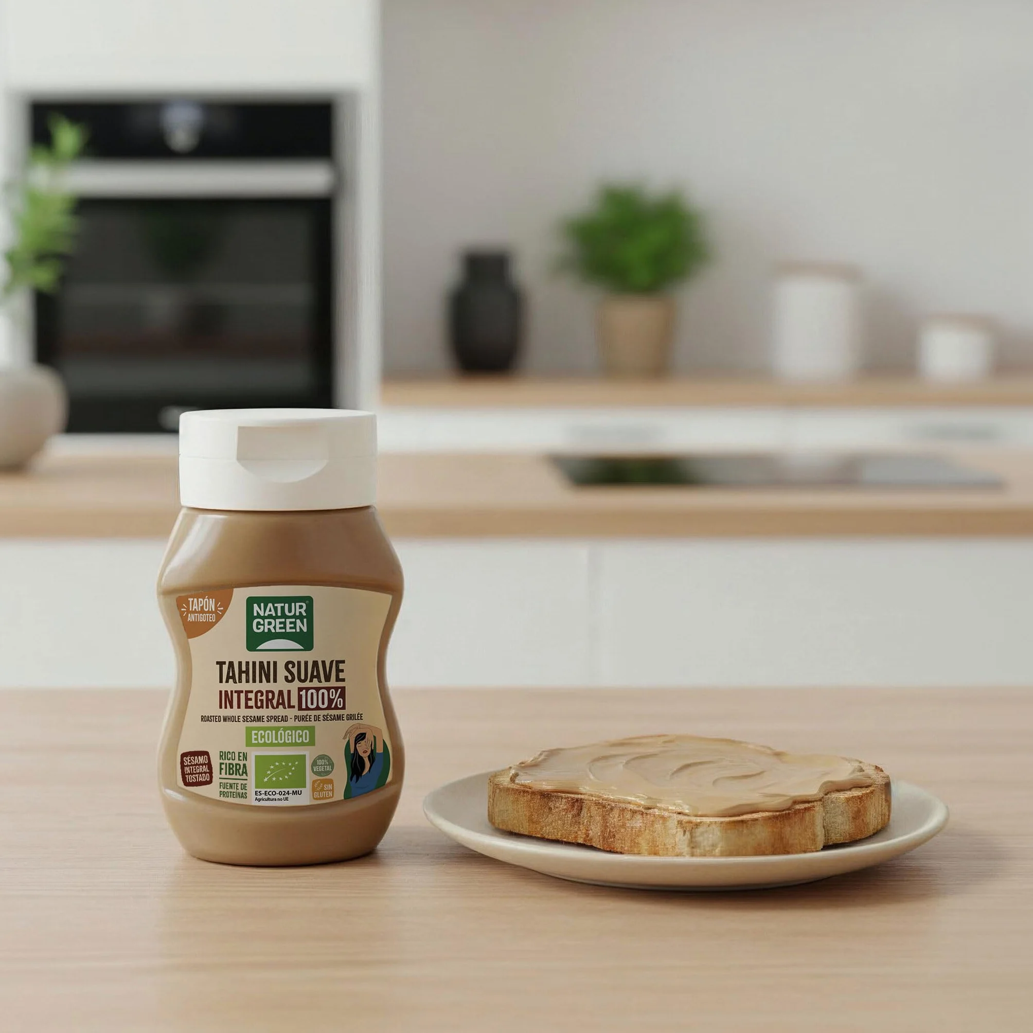 NaturGreen - Tahini Suave Integral Bio, 270 g, Tapón Antigoteo, Puré de Sésamo 100% Ecológico, Textura Cremosa, Rico en Fibra, Sin Gluten ni Azúcares, Fuente de Proteínas, Recetas Saludables