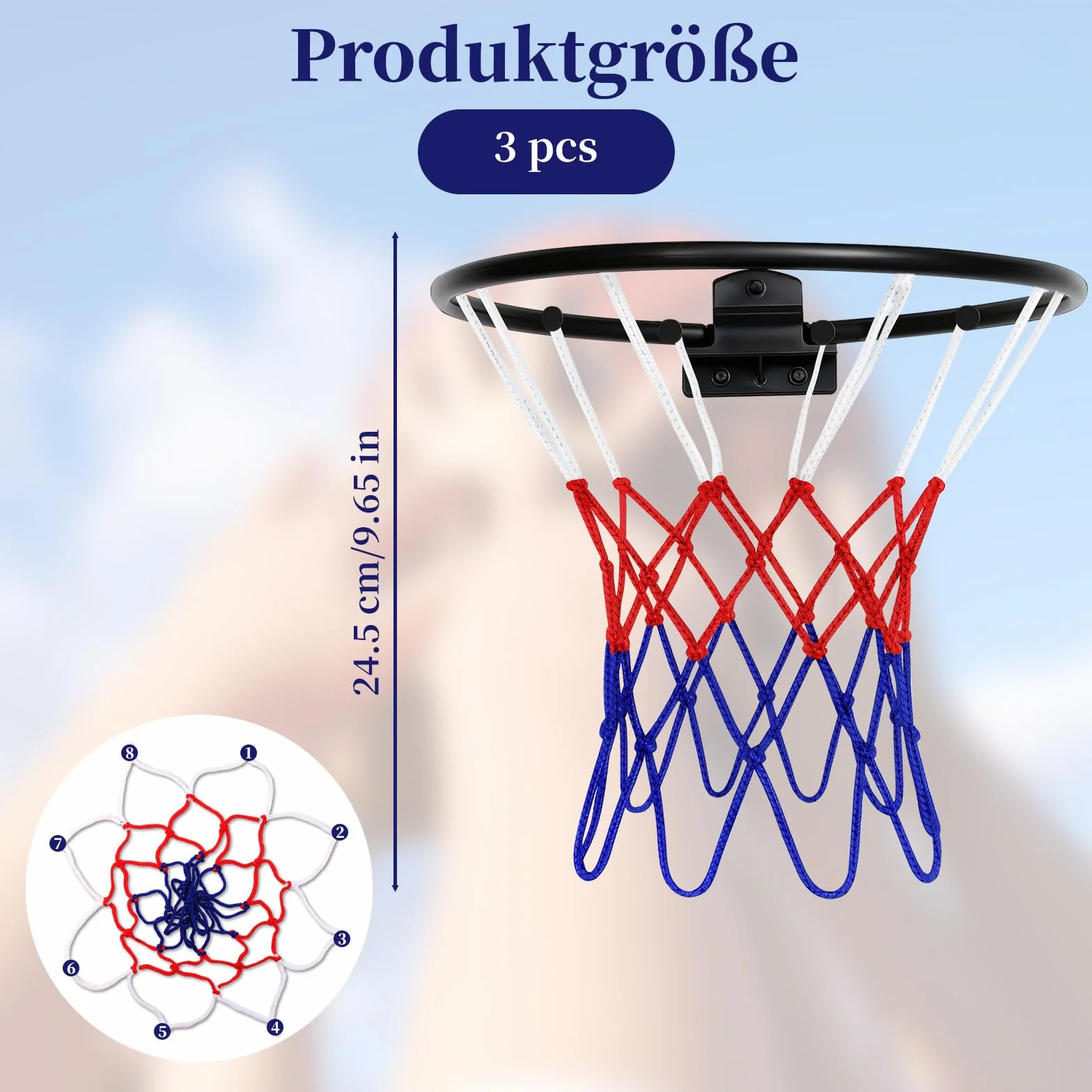 Red de repuesto para baloncesto, 3 unidades, 20-26 cm, 8 trabillas, interior y exterior