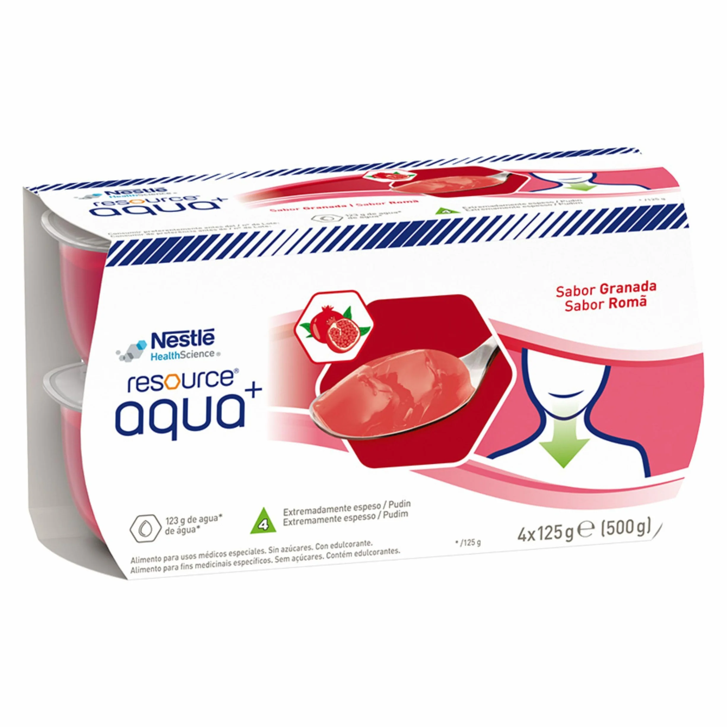 RESOURCE AQUA+ GELIFICADA, Sabor Granada, Hidratación Segura para Personas con Disfagia, Textura Tipo Pudin, Fácil Ingesta, Sin Gluten ni Sacarosa, Paquete de 4 unidades x 125 gr
