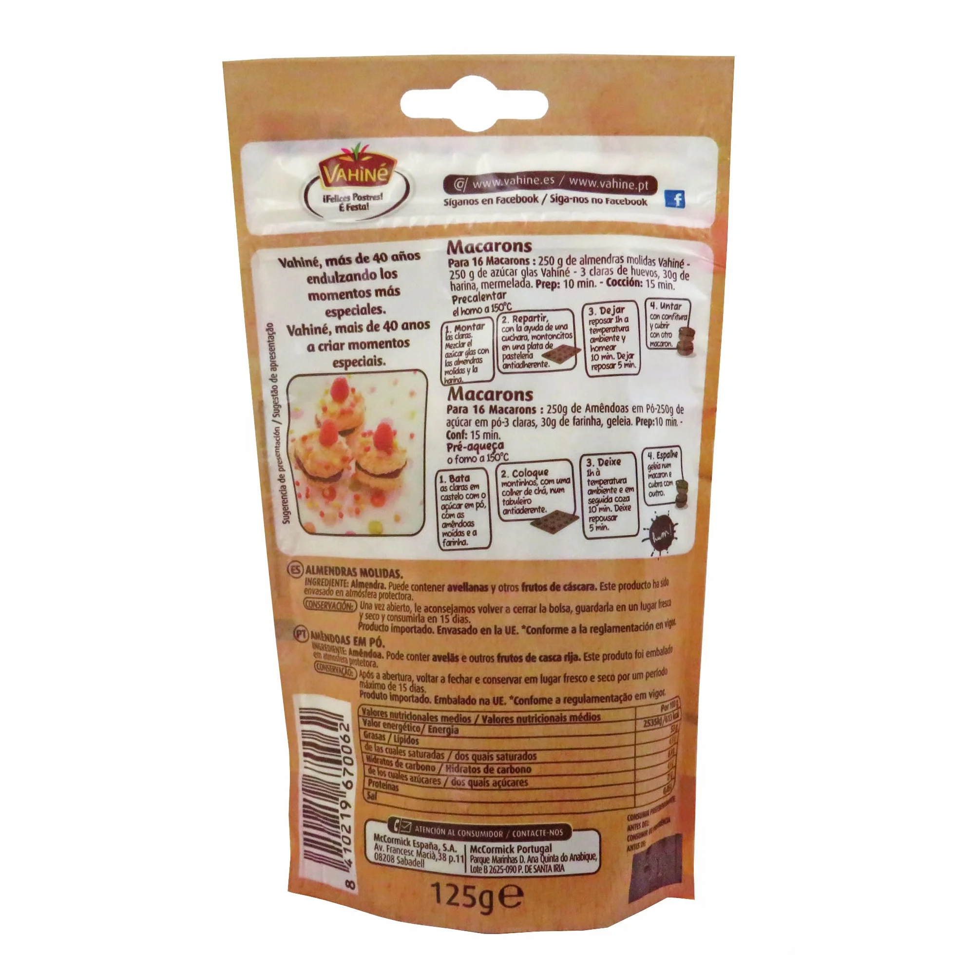 VAHINÉ - Pastelería - Almendras Molidas- Para Cremas Frangipanes, Masas de Tartas, Macarrones, y Bizcochos - 125g