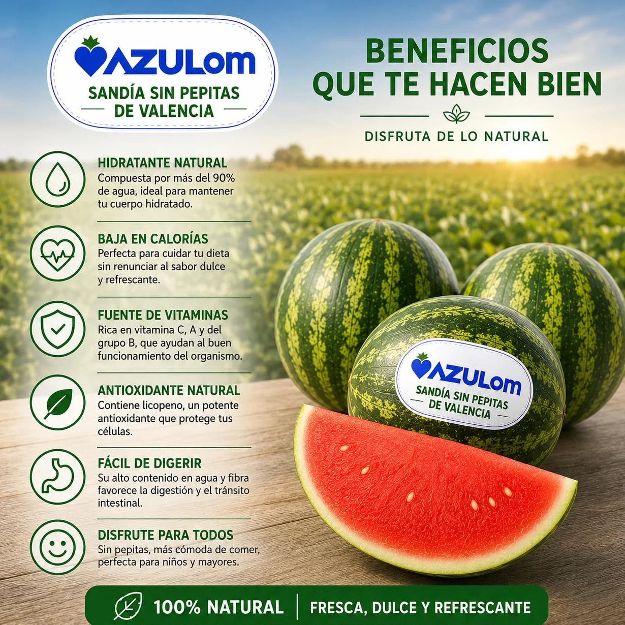 Sandía Dulce de Valencia Sin Pepitas AZULOM 15 kg - Fresca y Jugosa