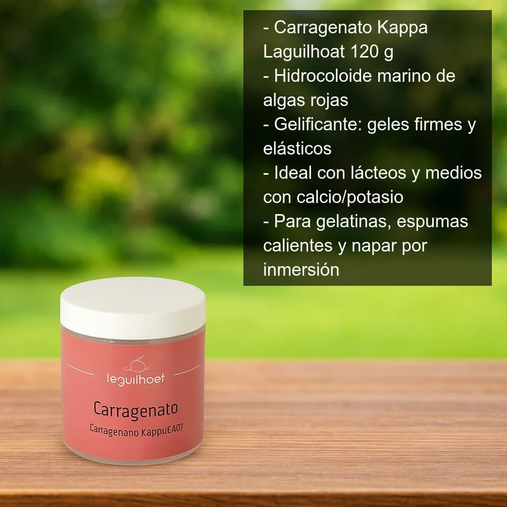 Carragenato Kappa 120 g en frasco hermético Espesante y gelificante de algas rojas para gelatinas firmes, espumas calientes, glaseados y napados en lácteos y bases con calcio o potasio