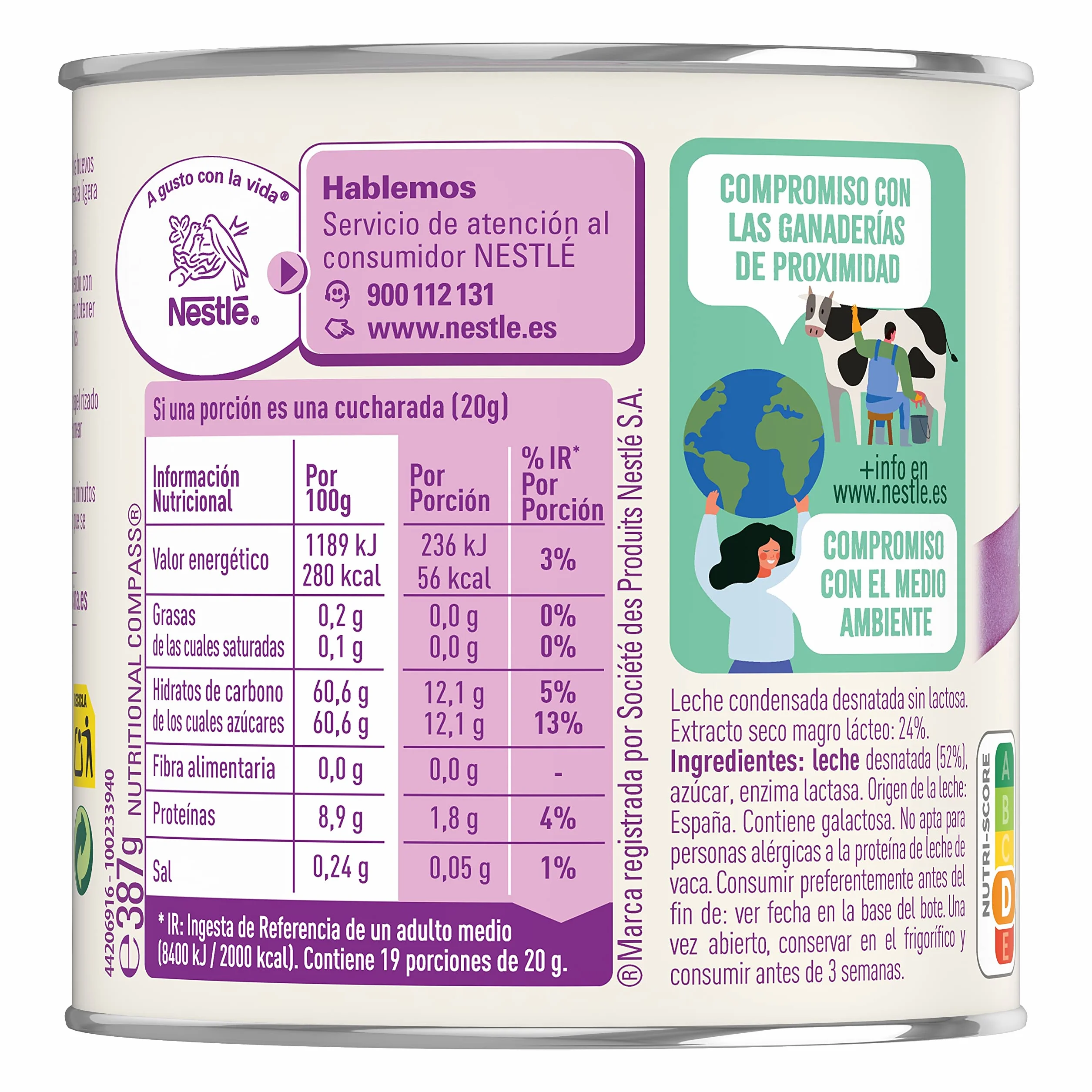 NESTLÉ LA LECHERA leche condensada desnatada Sin Lactosa Lata 6x387g