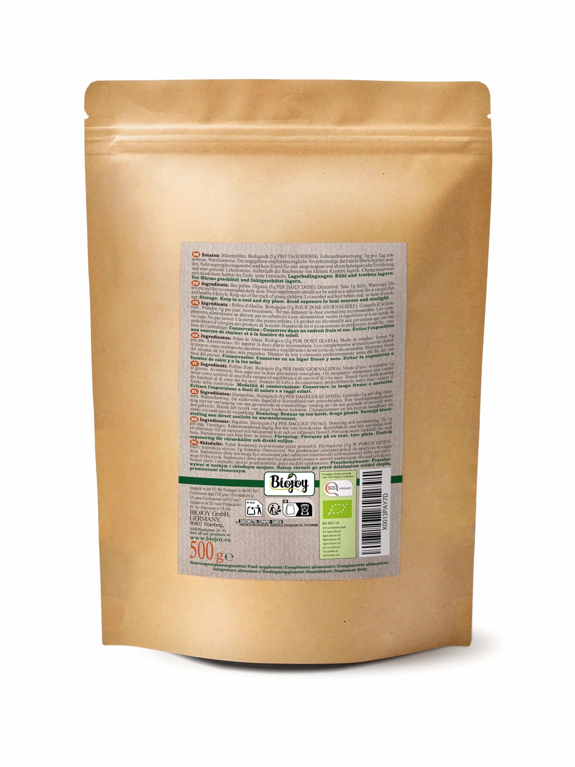 Biojoy Polen de Abeja Ecológico (500 g), Polen de Flores en Gránulos, Natural, Ideal para Comer