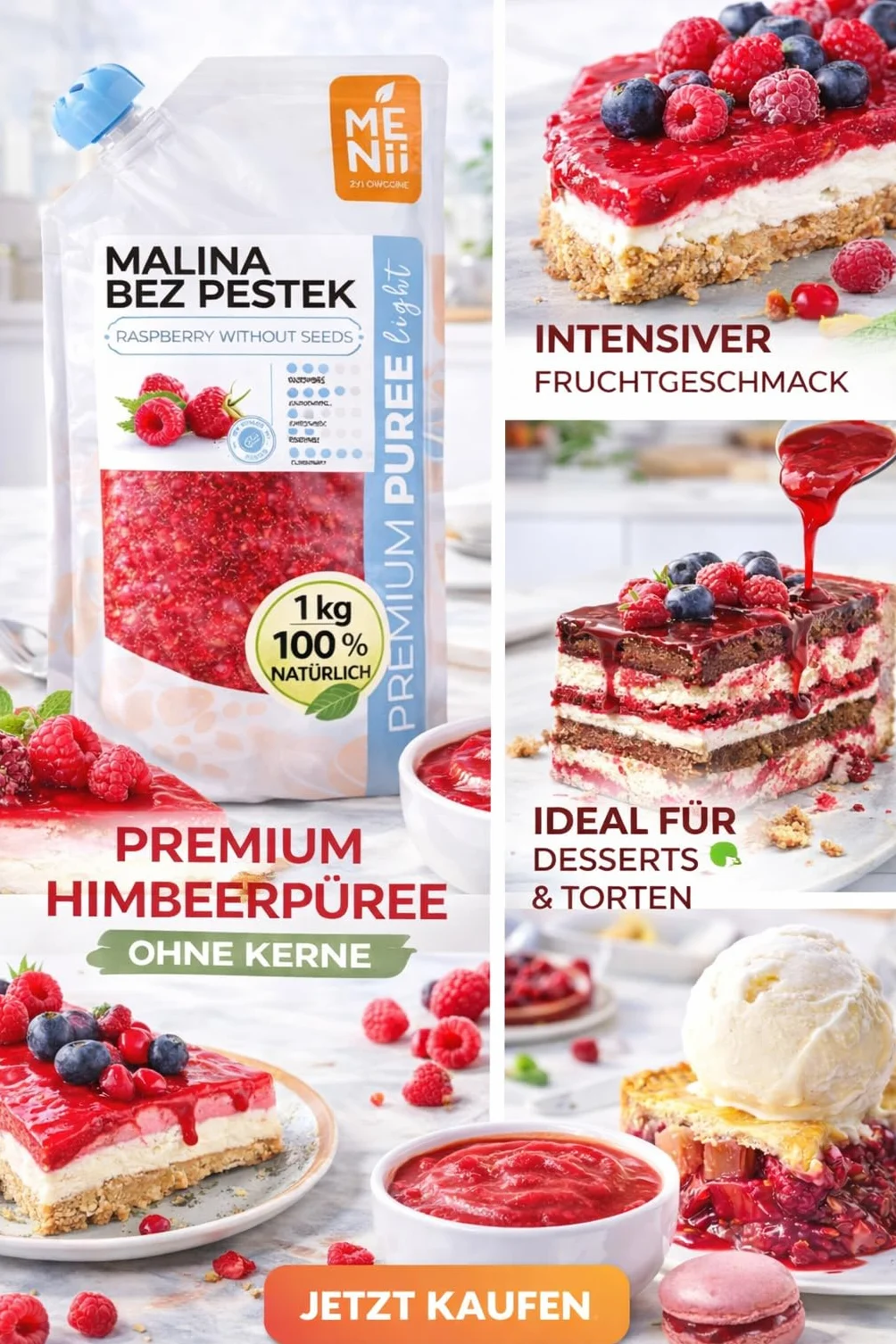 Puré de Frambuesa Premium, 1 kg, Sorbete, Postre, Frambuesa - Puré de Frutas, Pulpa