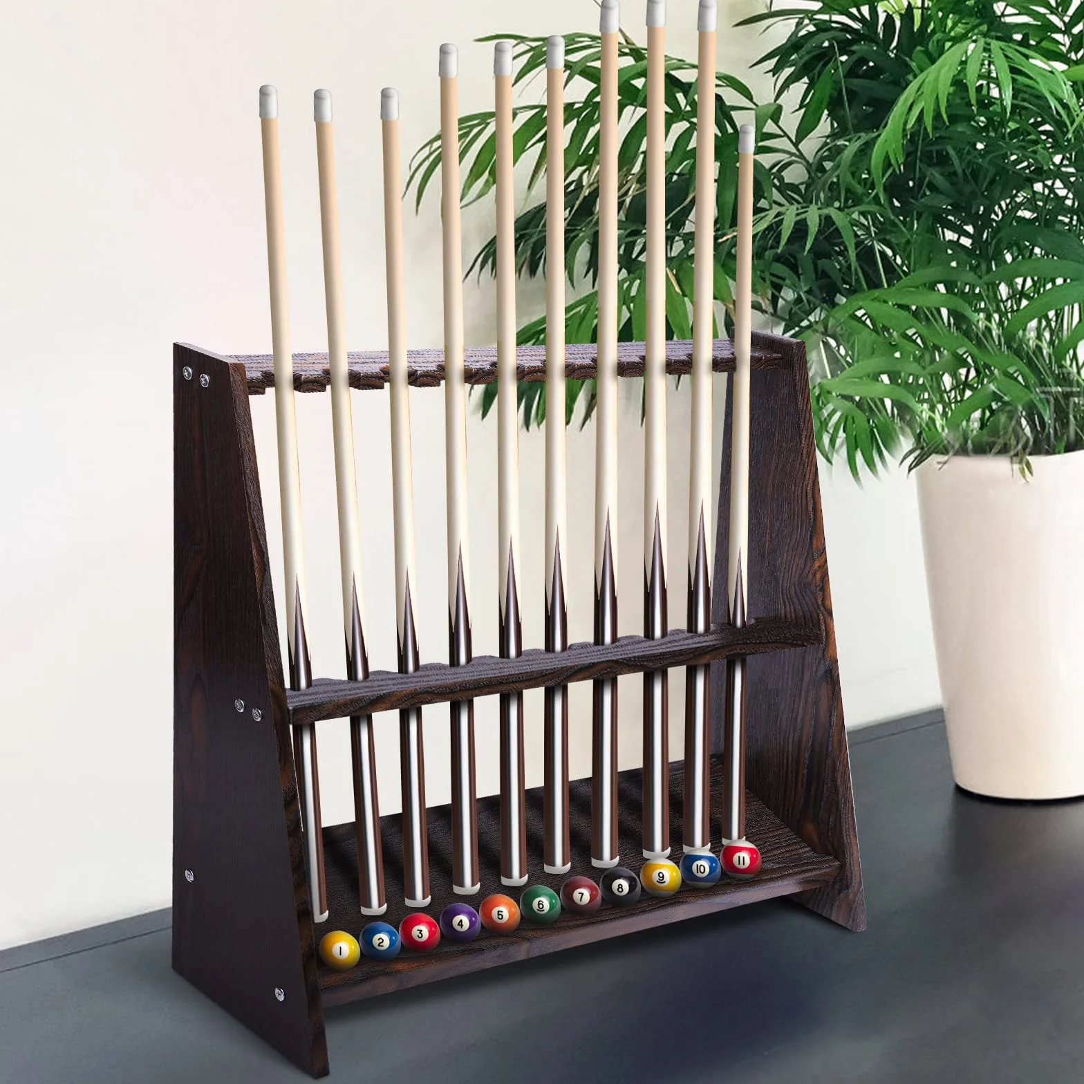 Soporte para taco de billar para 10 tacos, rack de suelo, color marrón