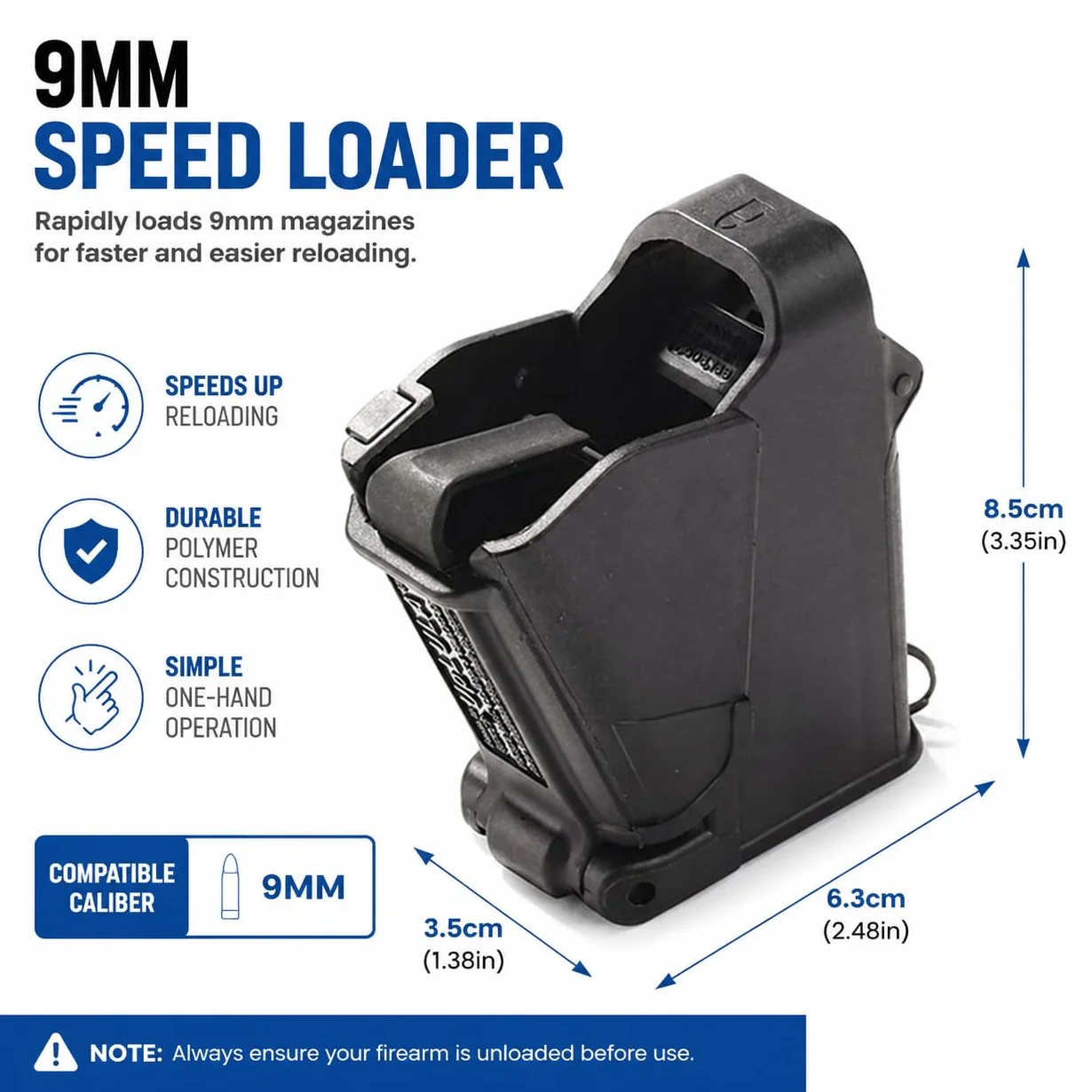 Cargador Rápido para Pistola 9mm .45ACP, Herramienta Recarga Rápida, Plástico Negro