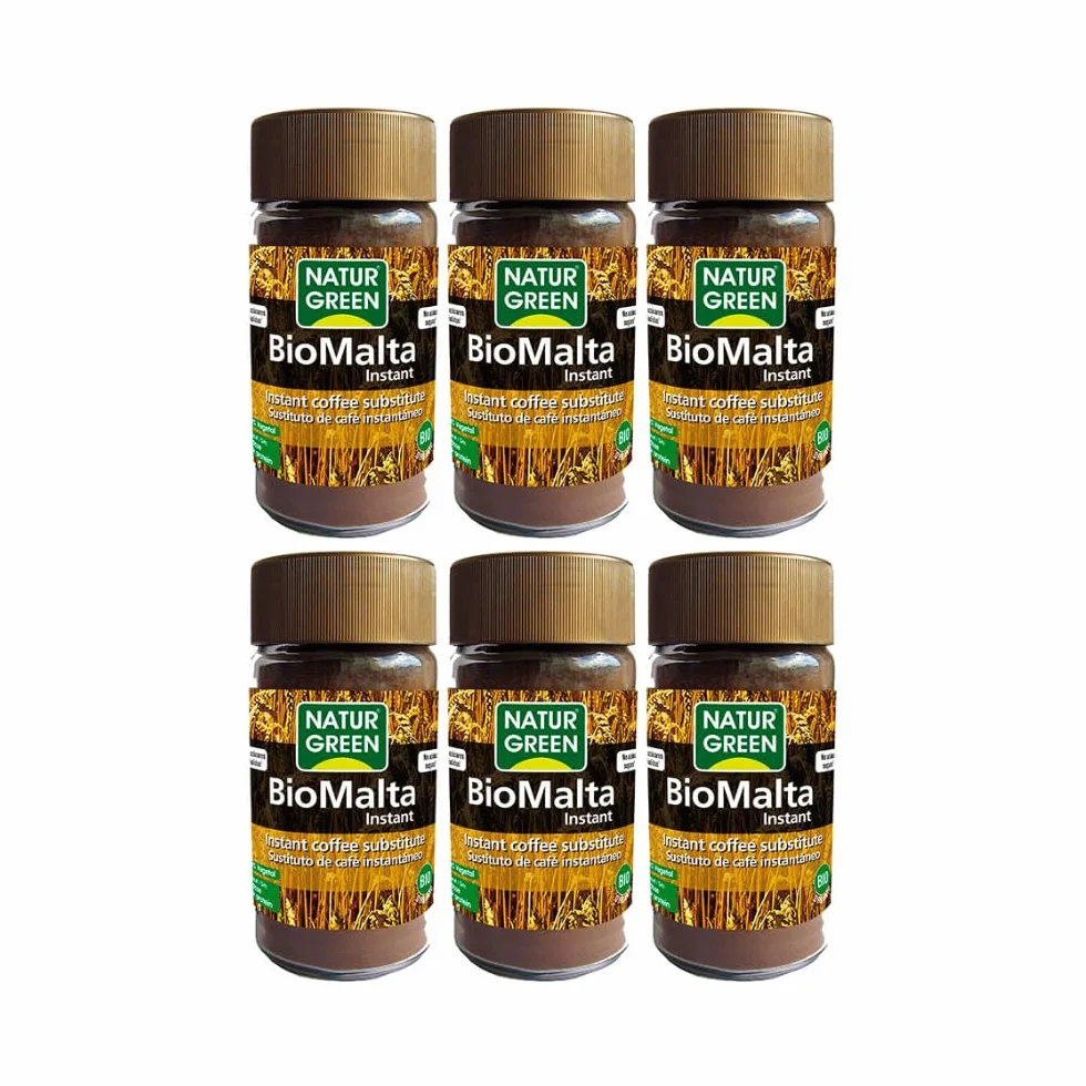 NaturGreen - BioMalta Instantánea Ecológica, Pack 6 x 100 g, Malta Soluble Bio en Polvo, Bebida de Cebada Malteada 100% Vegetal, Alternativa al Café, Sin Cafeína, Sin Lactosa, Sin Azúcar Añadido