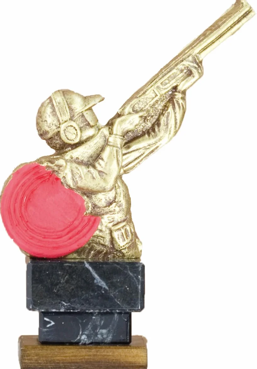 Trofeo de Tiro al Plato en Resina Base de Mármol Negro y Madera Acabado Dorado y Naranja Alturas 20-22-24 cm