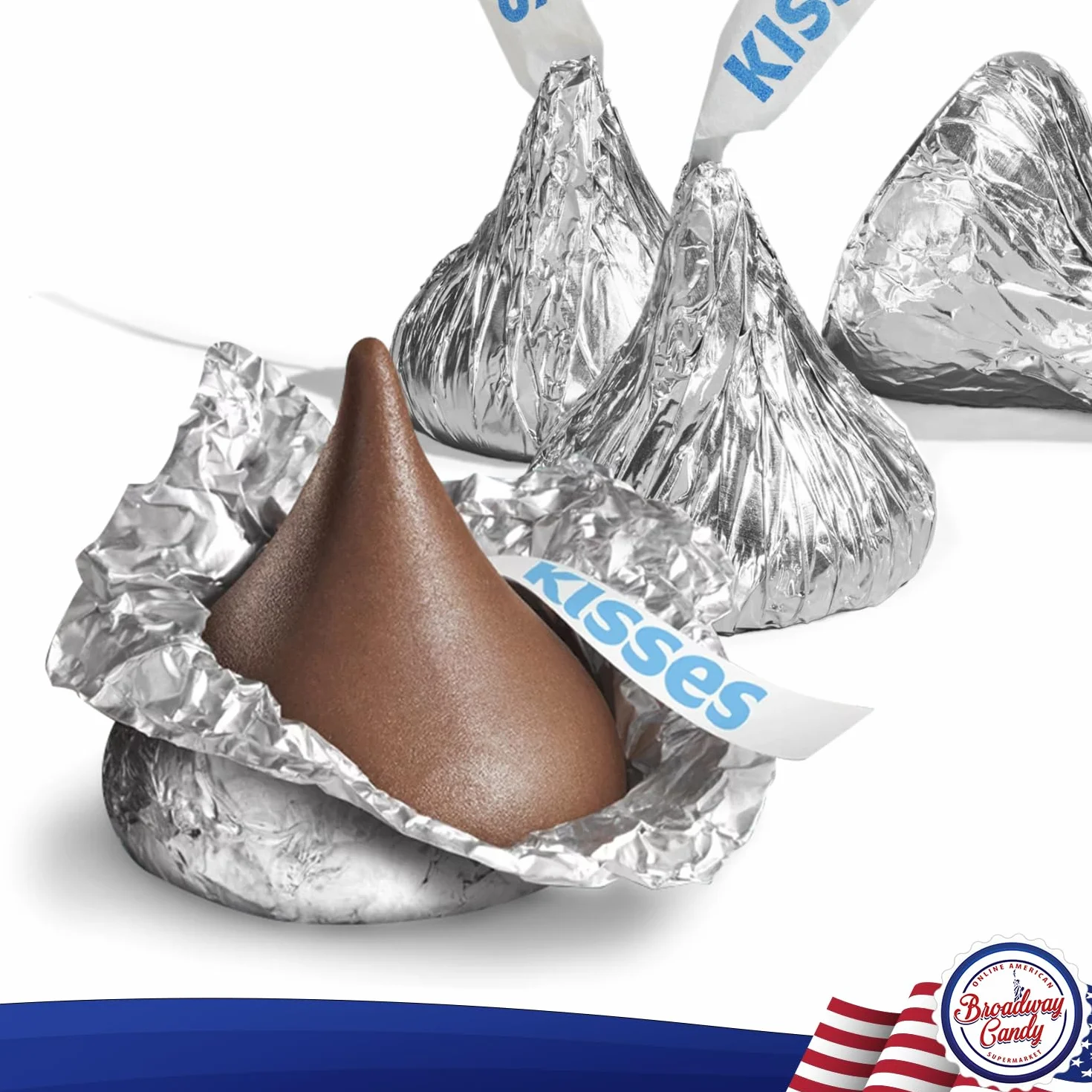 Broadway Candy Kisses Original - Tarro de caramelos (600 g), envueltos individualmente, chocolates de tamaño bocado en plata, aproximadamente 120 unidades