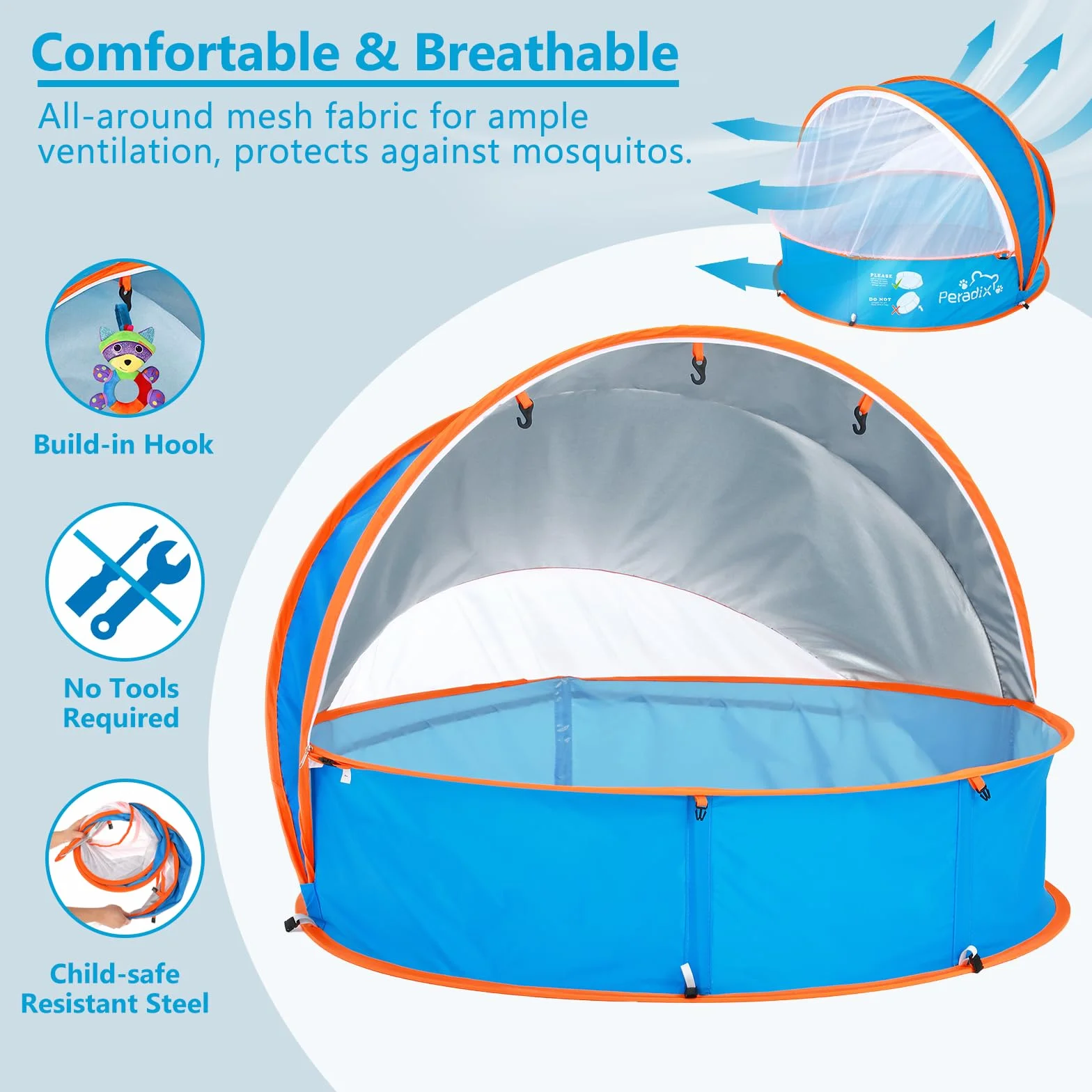 Peradix Splash Pool 4 en 1 con toldo UV y mosquitera portátil para niños