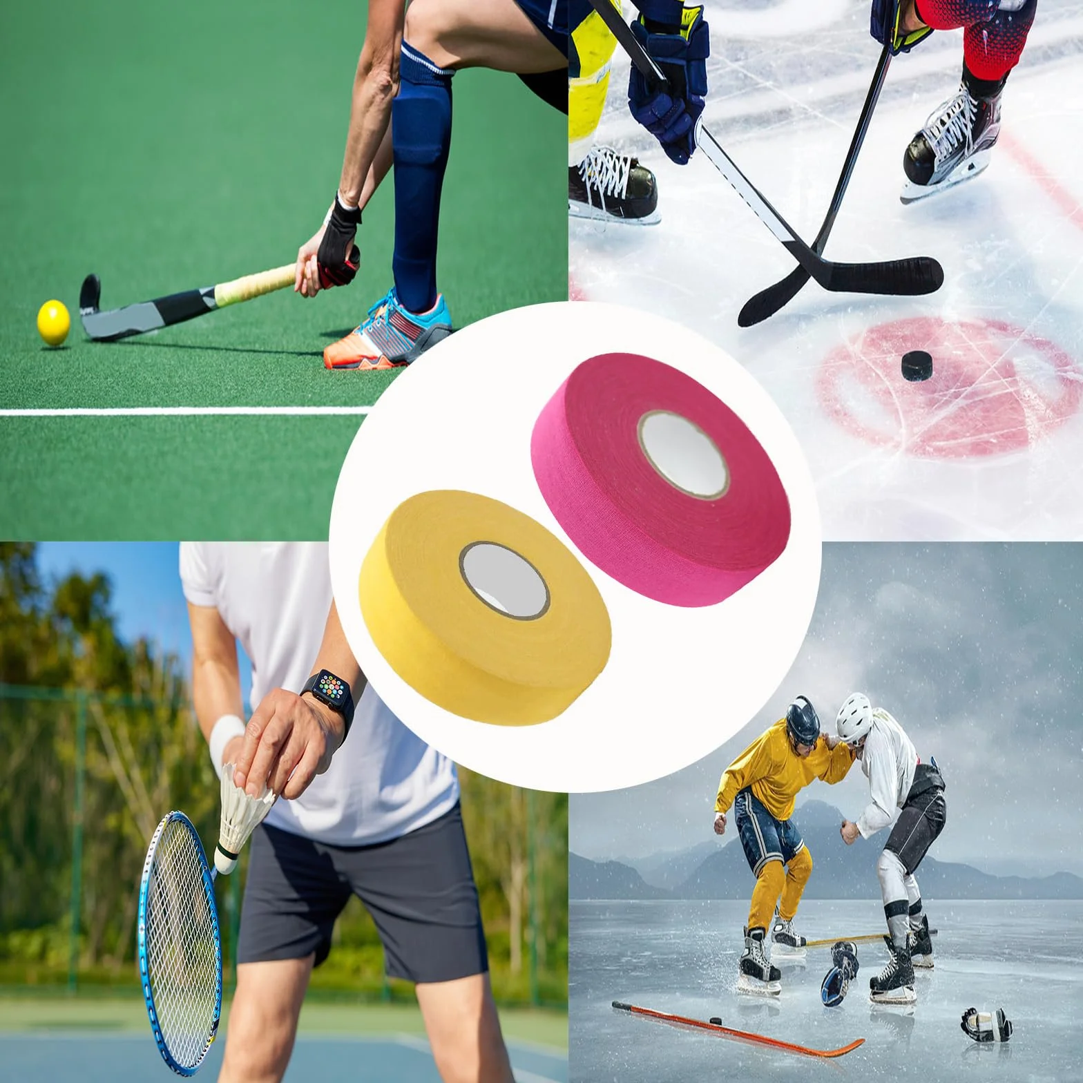 Cinta de Hockey Antideslizante 2 Rollos, Agarre para Palos de Hockey, Tenis, Bádminton, Golf - Rosa Roja y Amarillo