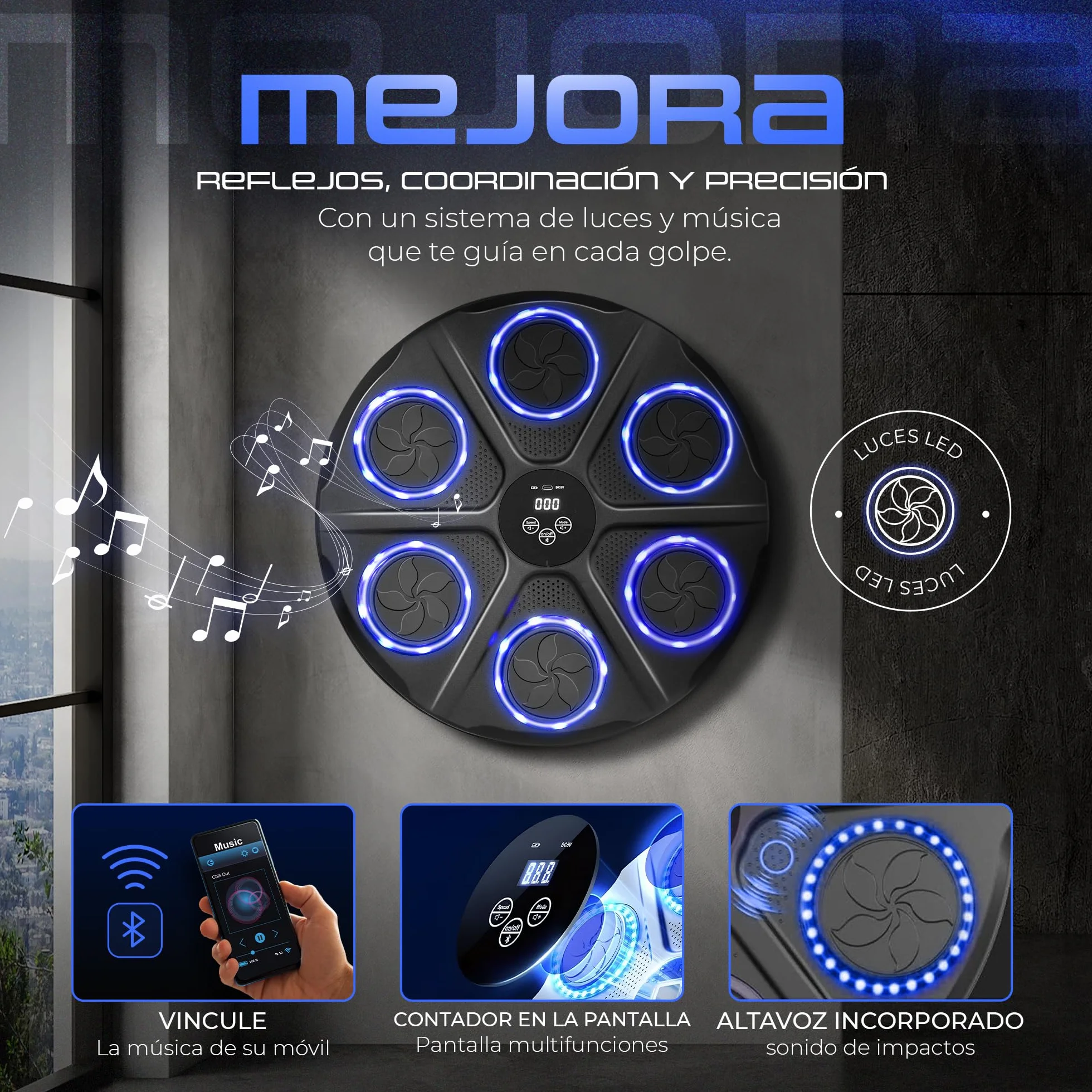 Ezero Maquina de Boxeo Musical con Bluetooth LED 12 Niveles Entrenamiento Pared