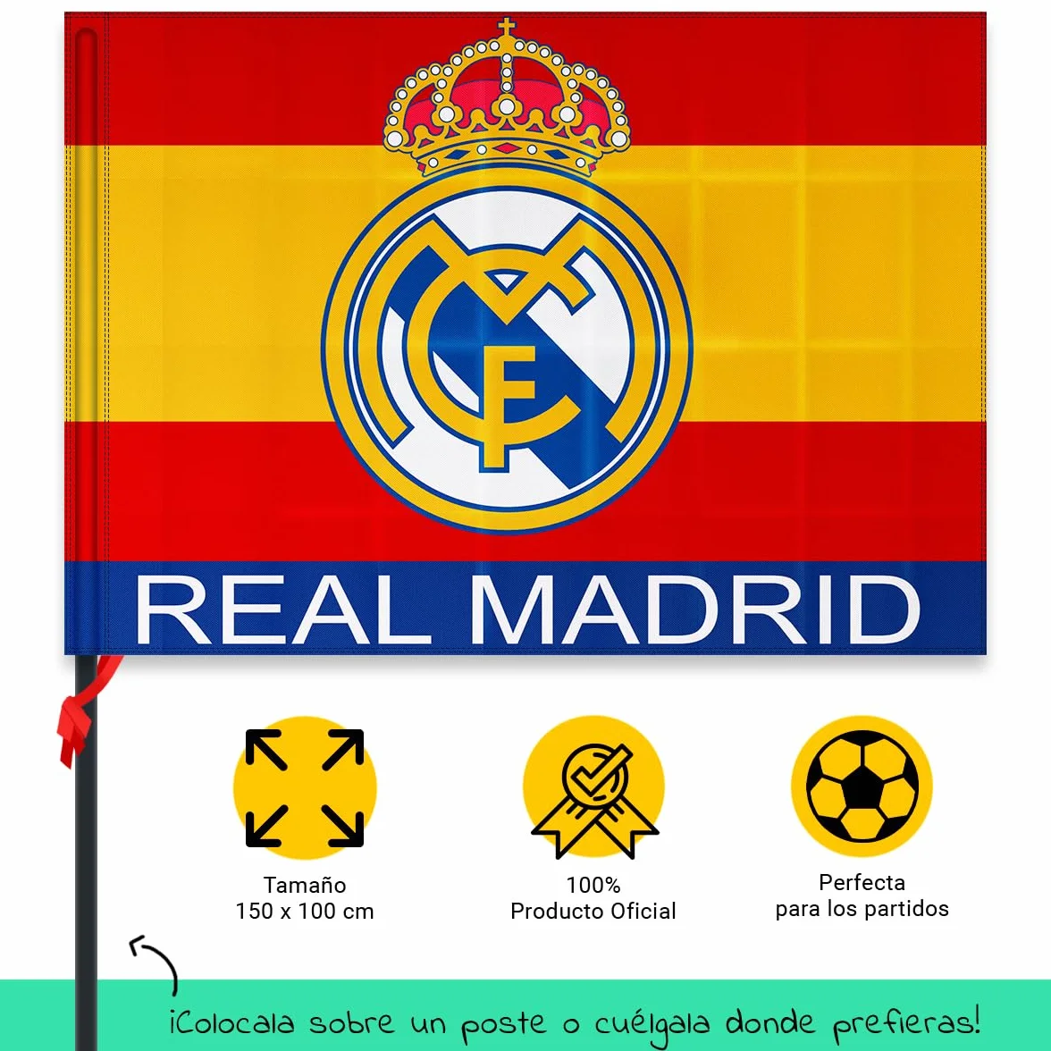 Bandera Oficial Real Madrid 150x100 cm + Llavero 15 Champios | Escudo Centro Producto Oficial