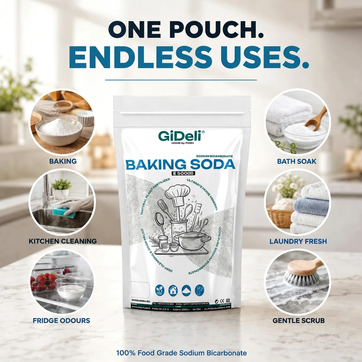 GiDeli Bicarbonato de Sodio 4x5kg - Perfecto Para Cocinar Pasta y Hornear - También se Utiliza Para Lavar y Limpiar - Uso Versátil en el Hogar - Regulador de la Química del Agua de la Piscina