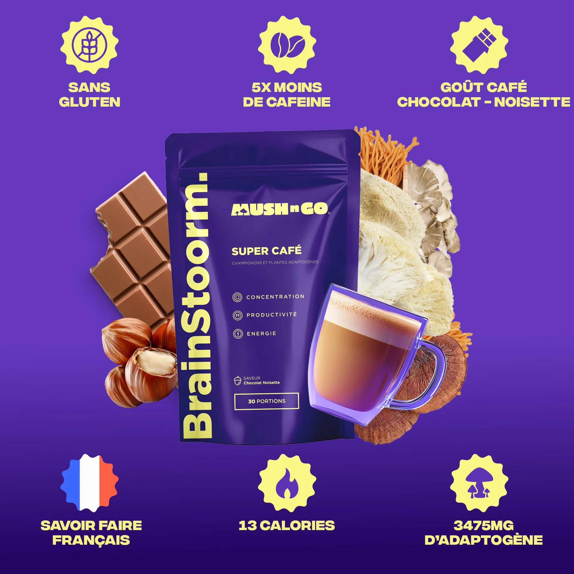 Brainstoorm Mushngo - Súper Café con Hongos Adaptógenos: Lion’s Mane, Cordyceps, Chaga - Vegano - Concentración, Energía, Claridad Mental - 30 tazas de 8g