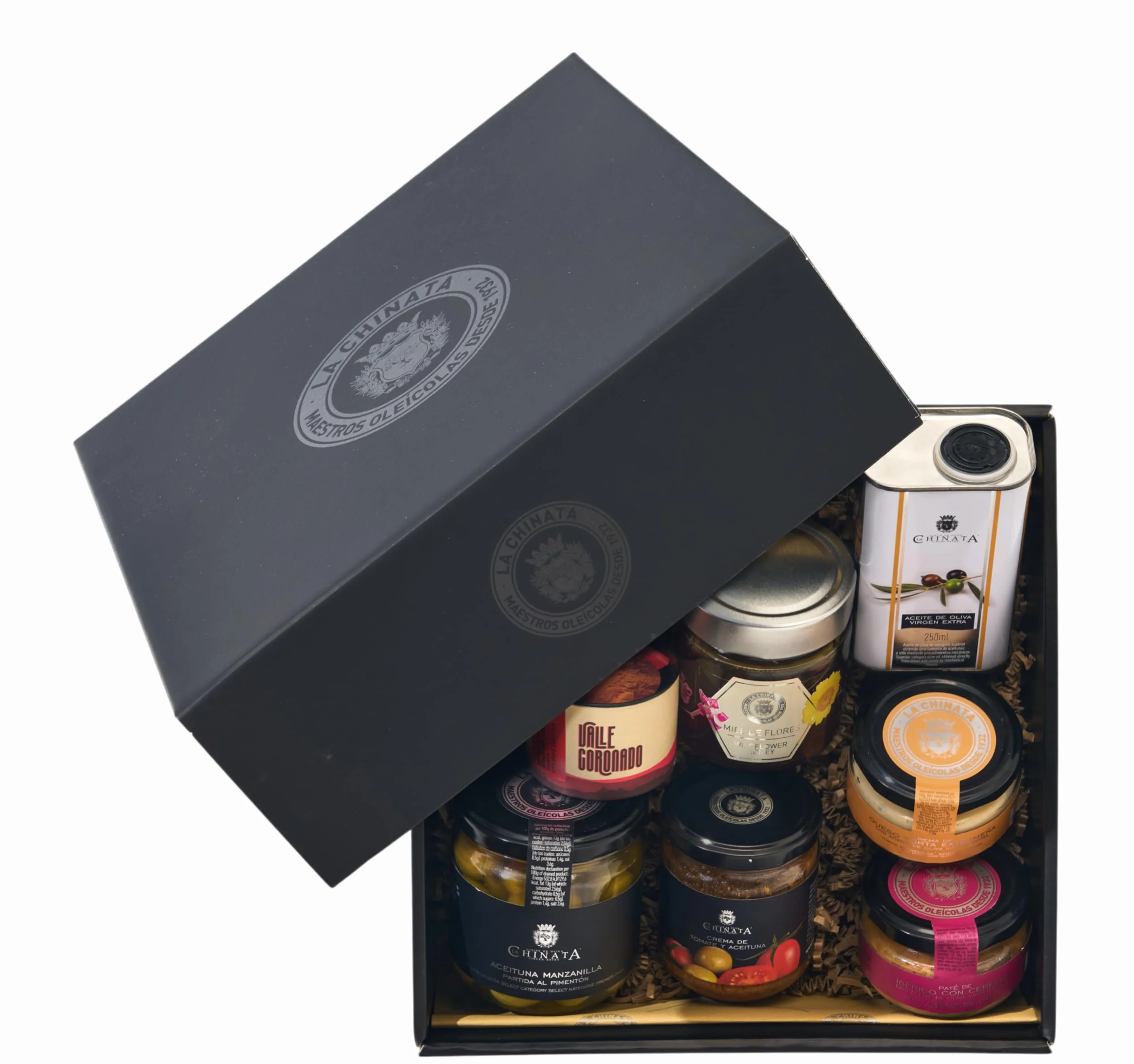 La Chinata Cesta Gourmet M Sabor Extremeño AOVE 250 ml Pate Ibérico con Cerezas Queso Crema Torta Pimenton Dulce Miel de Flores Aceitunas al Pimentón Crema de Tomate y Aceituna Caja Regalo