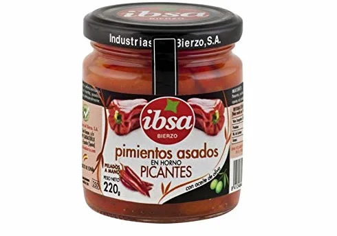 Pimientos del Bierzo asados en horno pelados a mano picantes con aceite de oliva frasco 220 g neto escurrido