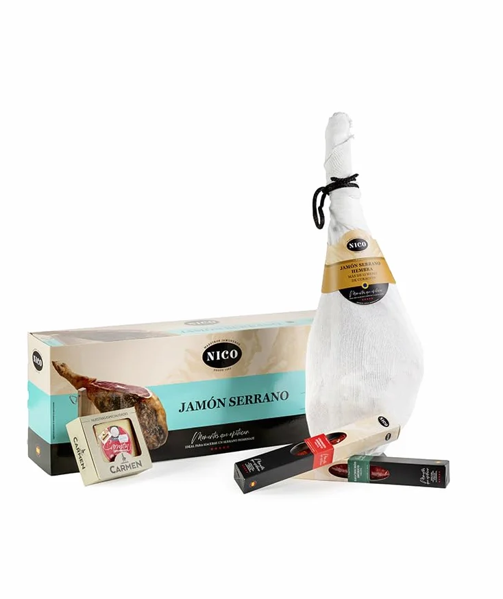 NICO JAMONES - LOTE JAMON SERRANO RESERVA HEMBRA. Jamón Serrano Hembra + Chorizo Ibérico velita 200g + Salchichón Ibérico velita 200g + Queso de Oveja curado D.O. CARMEN 250g