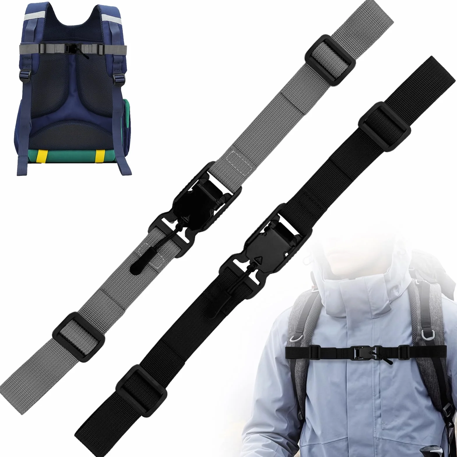 Correas ajustables para mochila antideslizantes hebilla magnética liberación rápida negro gris