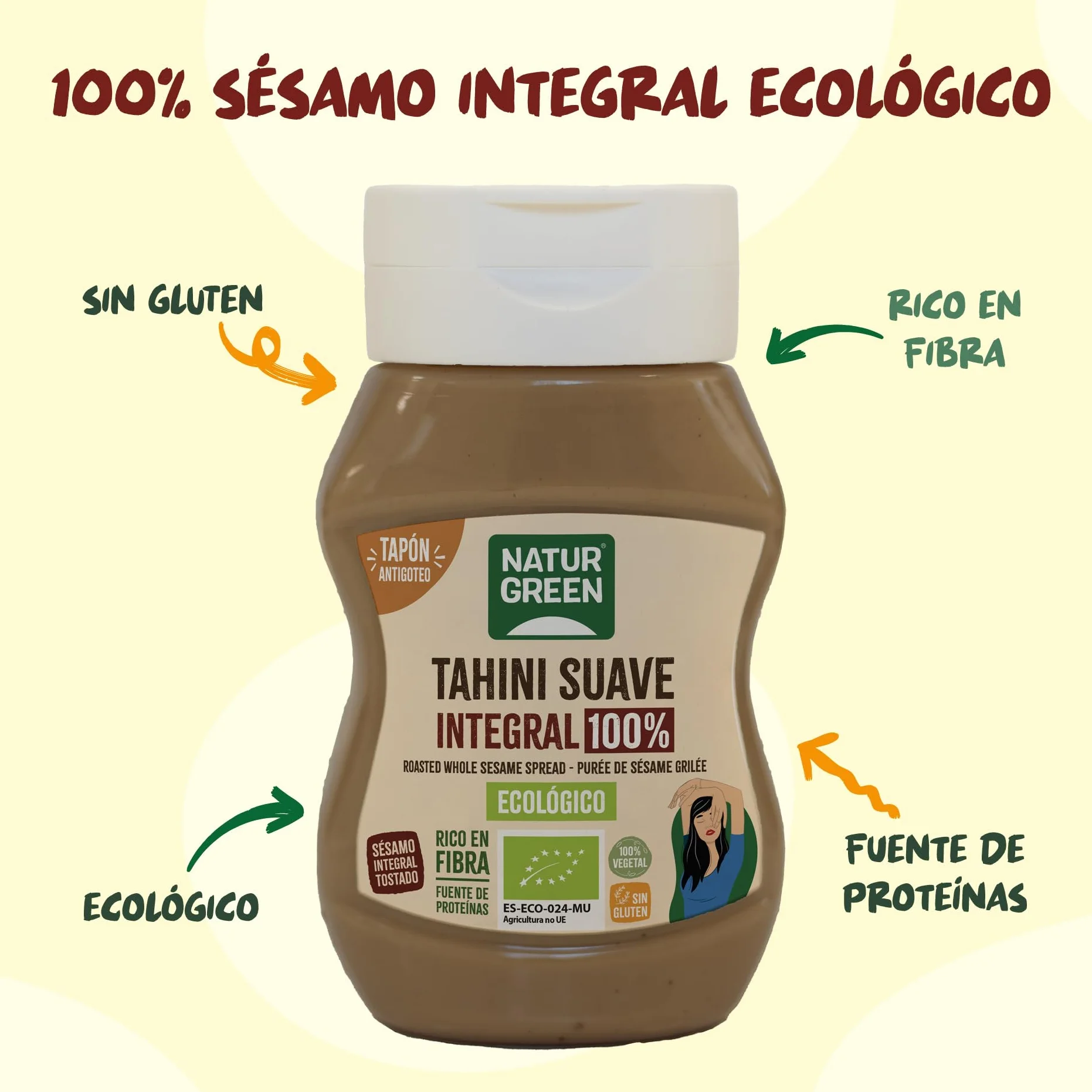 NaturGreen - Tahini Suave Integral Bio, 270 g, Tapón Antigoteo, Puré de Sésamo 100% Ecológico, Textura Cremosa, Rico en Fibra, Sin Gluten ni Azúcares, Fuente de Proteínas, Recetas Saludables