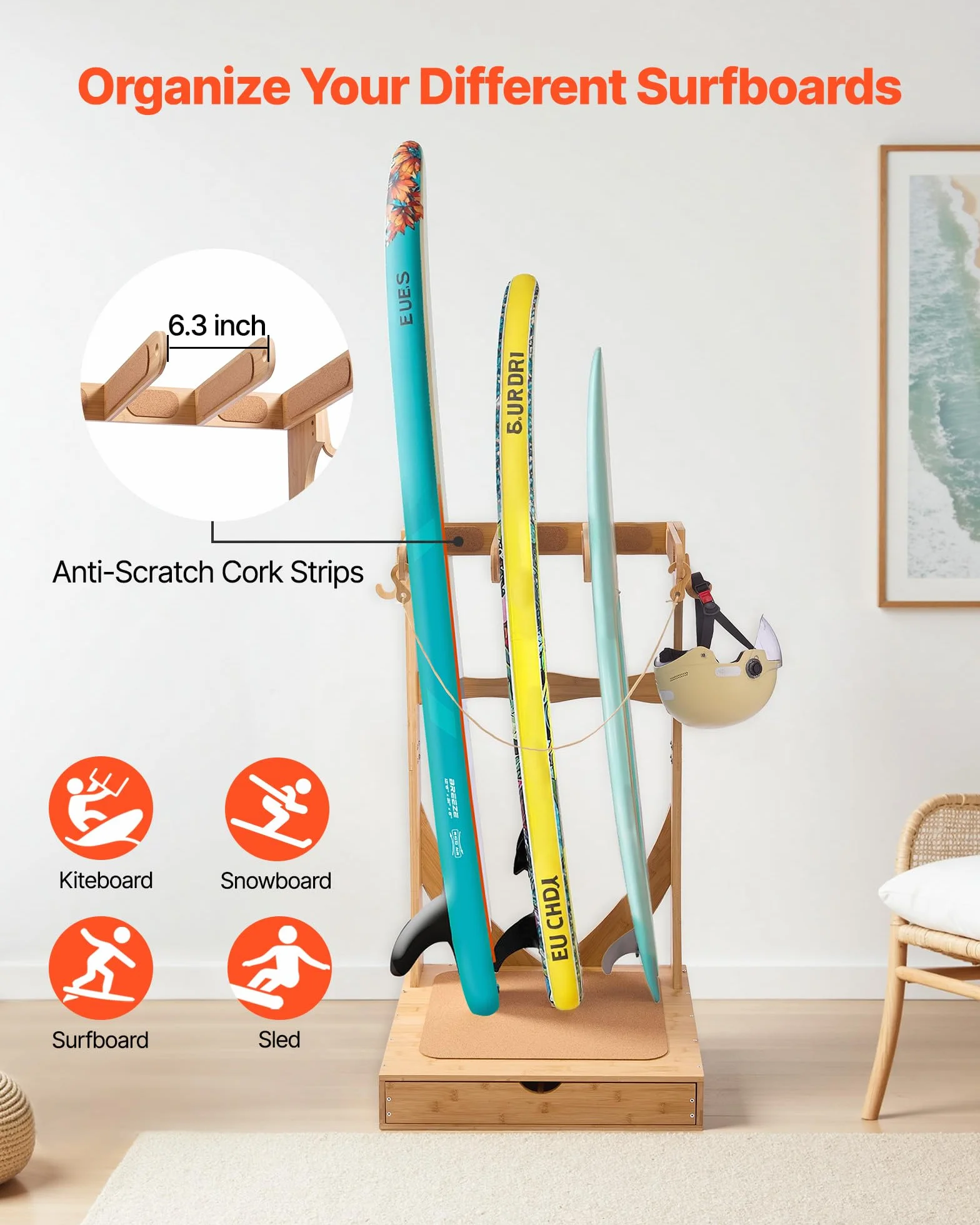 VEVOR Soporte Vertical para Tablas de Surf, Estante de Madera de 3 Niveles con Ganchos y Cajones