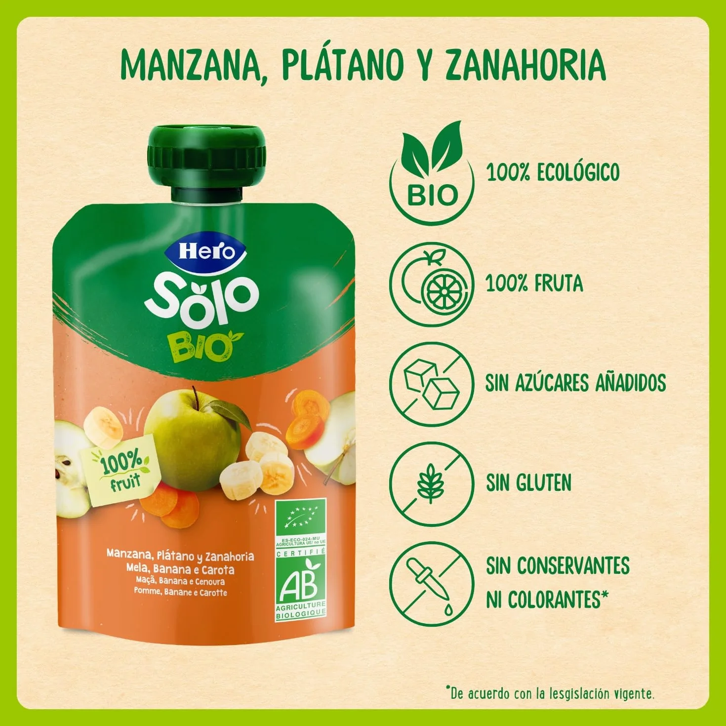 Hero Solo Caja Mixta de Bolsitas, 9 Bolsitas de Manzana, Plátano y Zanahoria y 9 Bolsitas de Plátano, Pera y Naranja, Sin Conservantes ni Colorantes, Partir de los 6 Meses, Pack de 18x100 gr