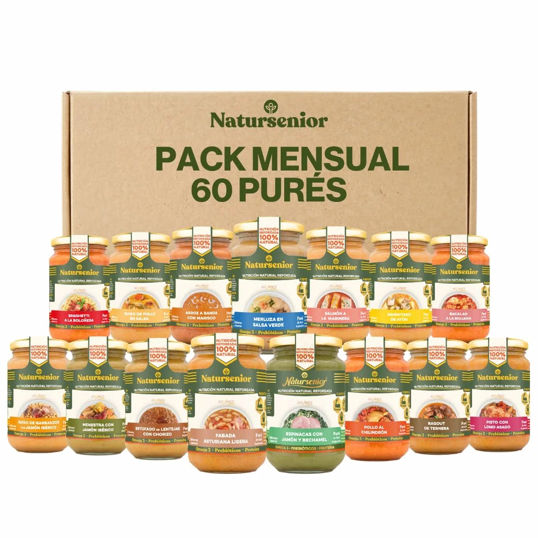 Natursenior - Comida Triturada para Personas Mayores - Pack Mensual Purés Comidas y Cenas x60-100% Natural, Omega 3, Fibra, Proteína - 60 uds x 340g