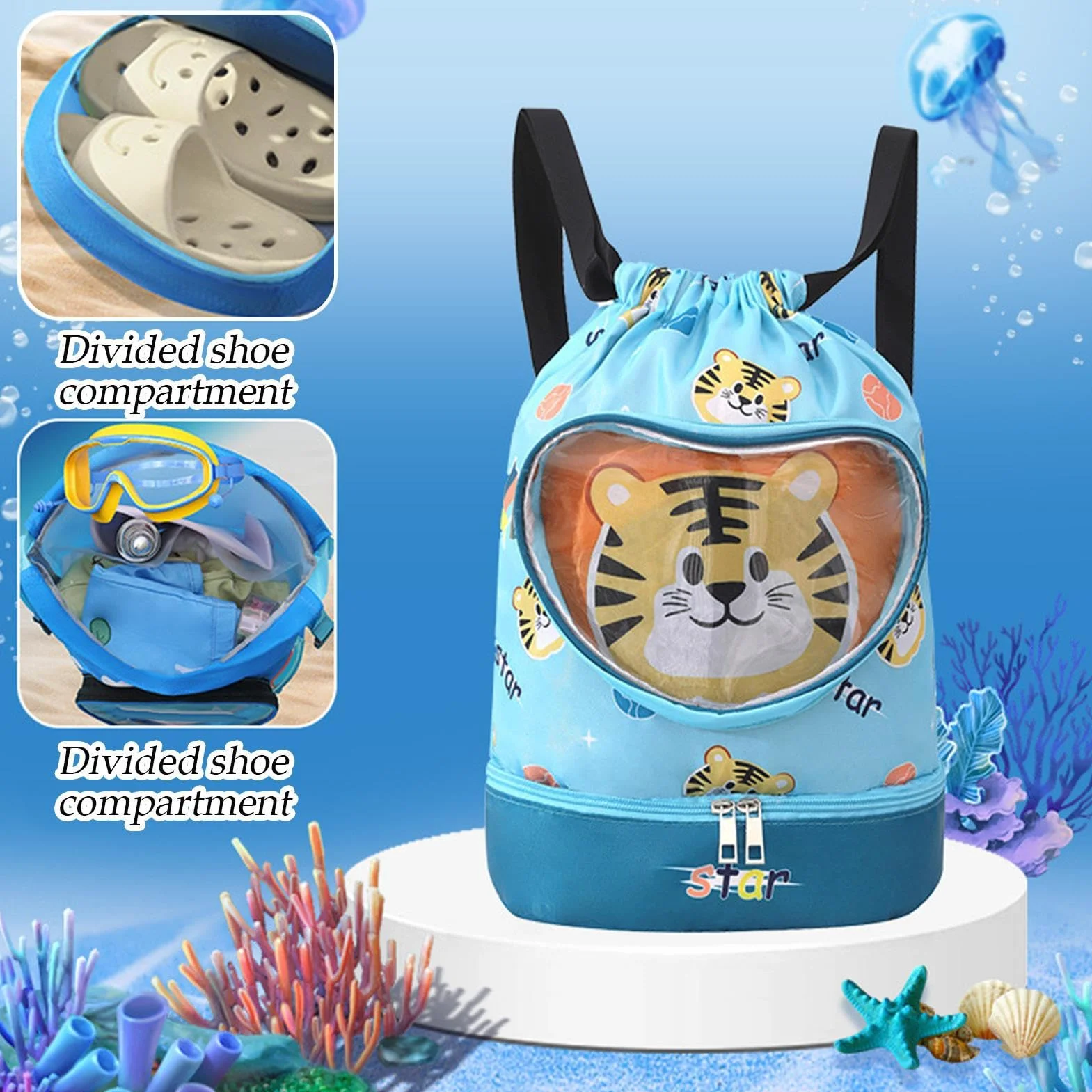 Mochila Impermeable para Niños Bolsa de Natación Compartimento Seco/Húmedo Ligera Cordón Playa Piscina Viajes
