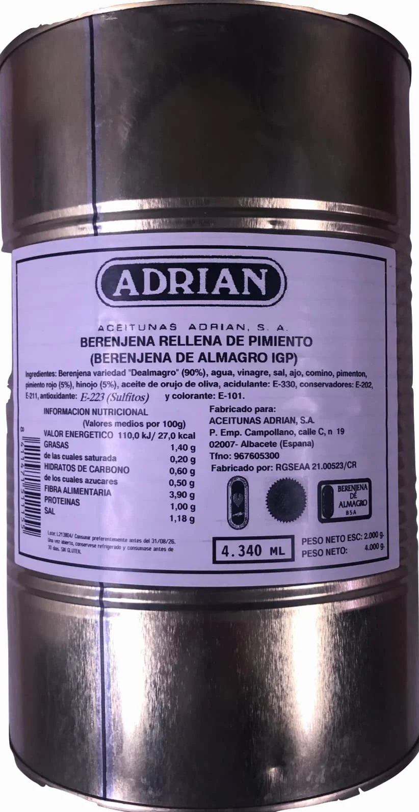 Berenjena de Almagro IGP Rellena de Pimiento 4 Kg