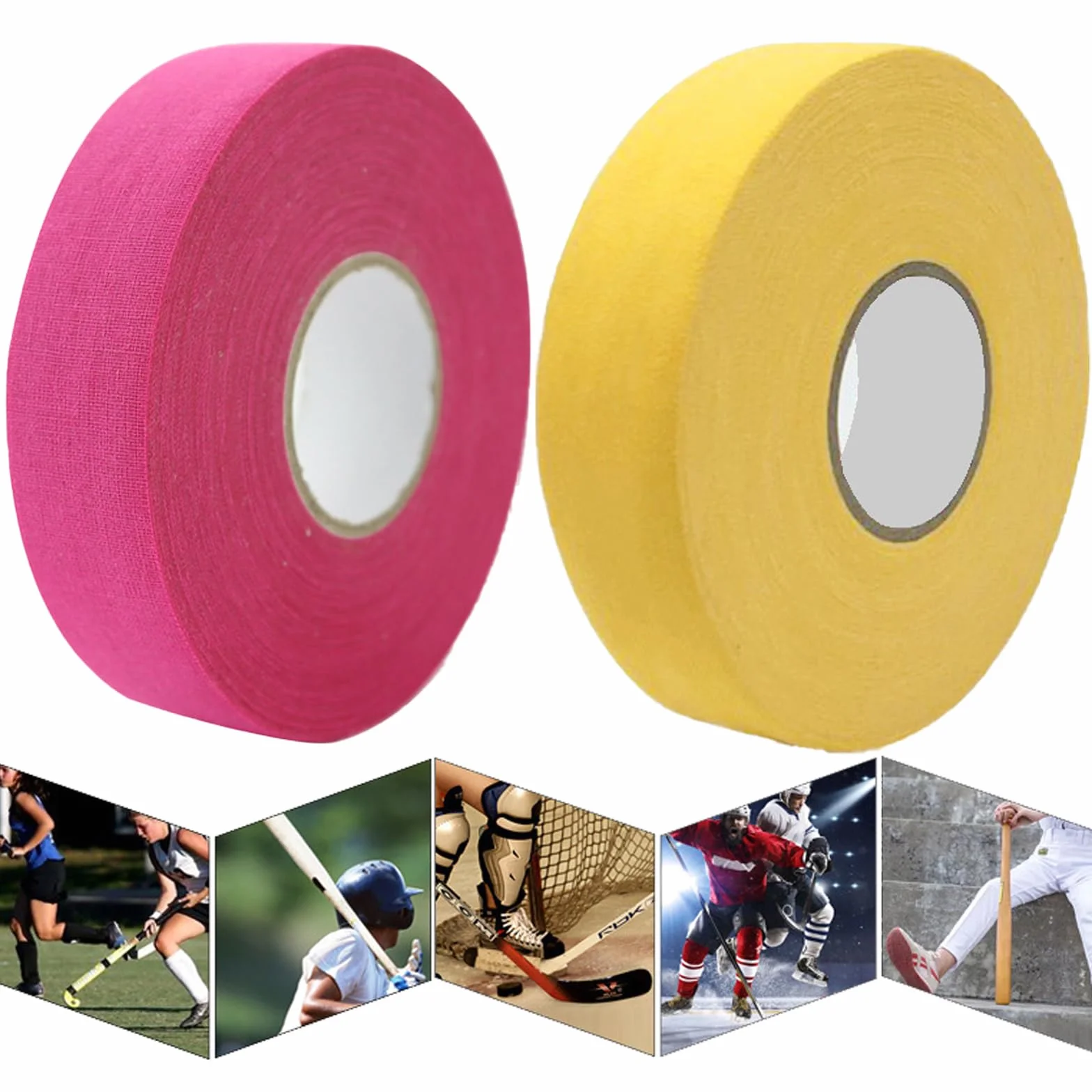 Cinta de Hockey Antideslizante 2 Rollos, Agarre para Palos de Hockey, Tenis, Bádminton, Golf - Rosa Roja y Amarillo