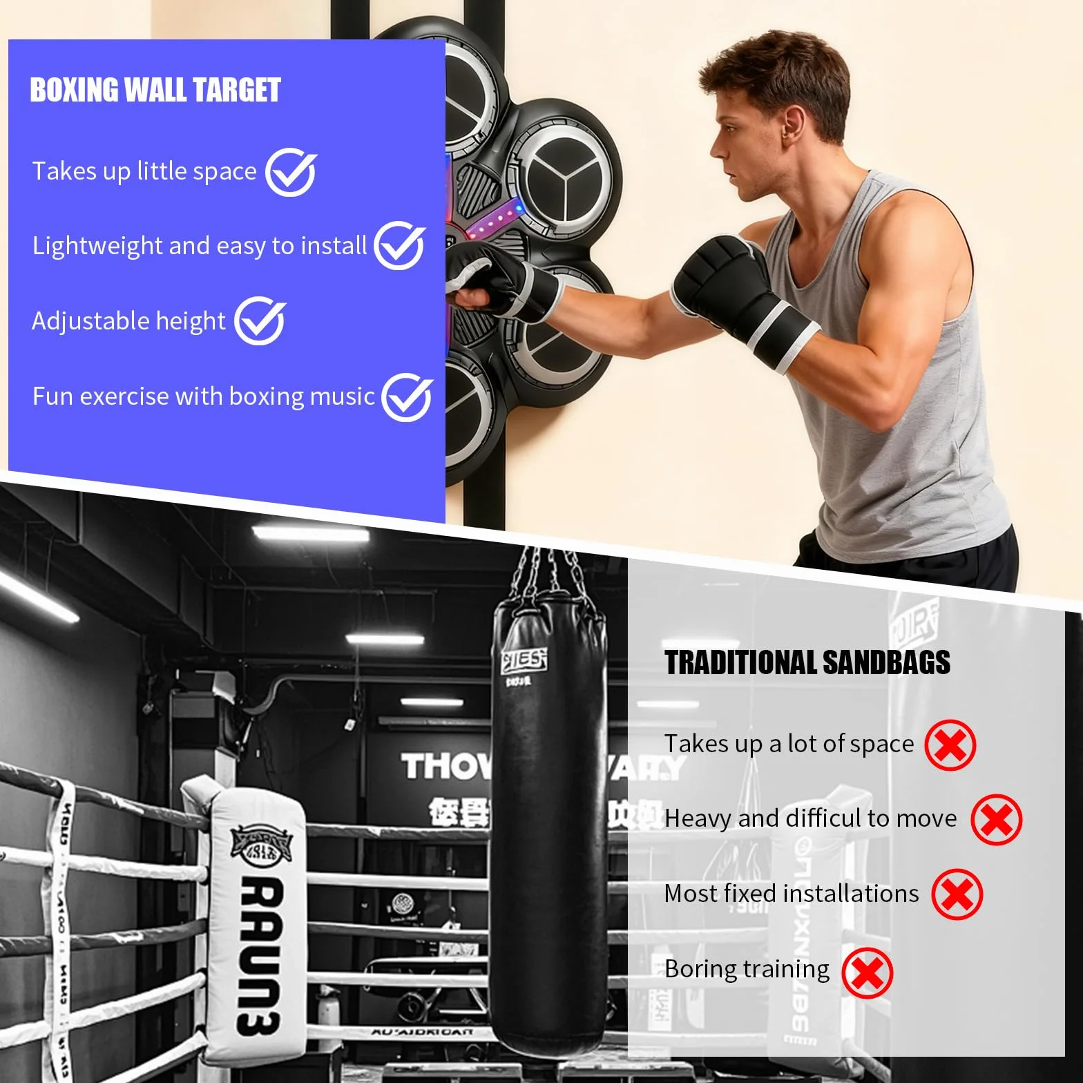 Máquina de Boxeo Musical LED con Guantes, 3 Modos Entrenamiento Bluetooth, Conteo Inteligente para Pared